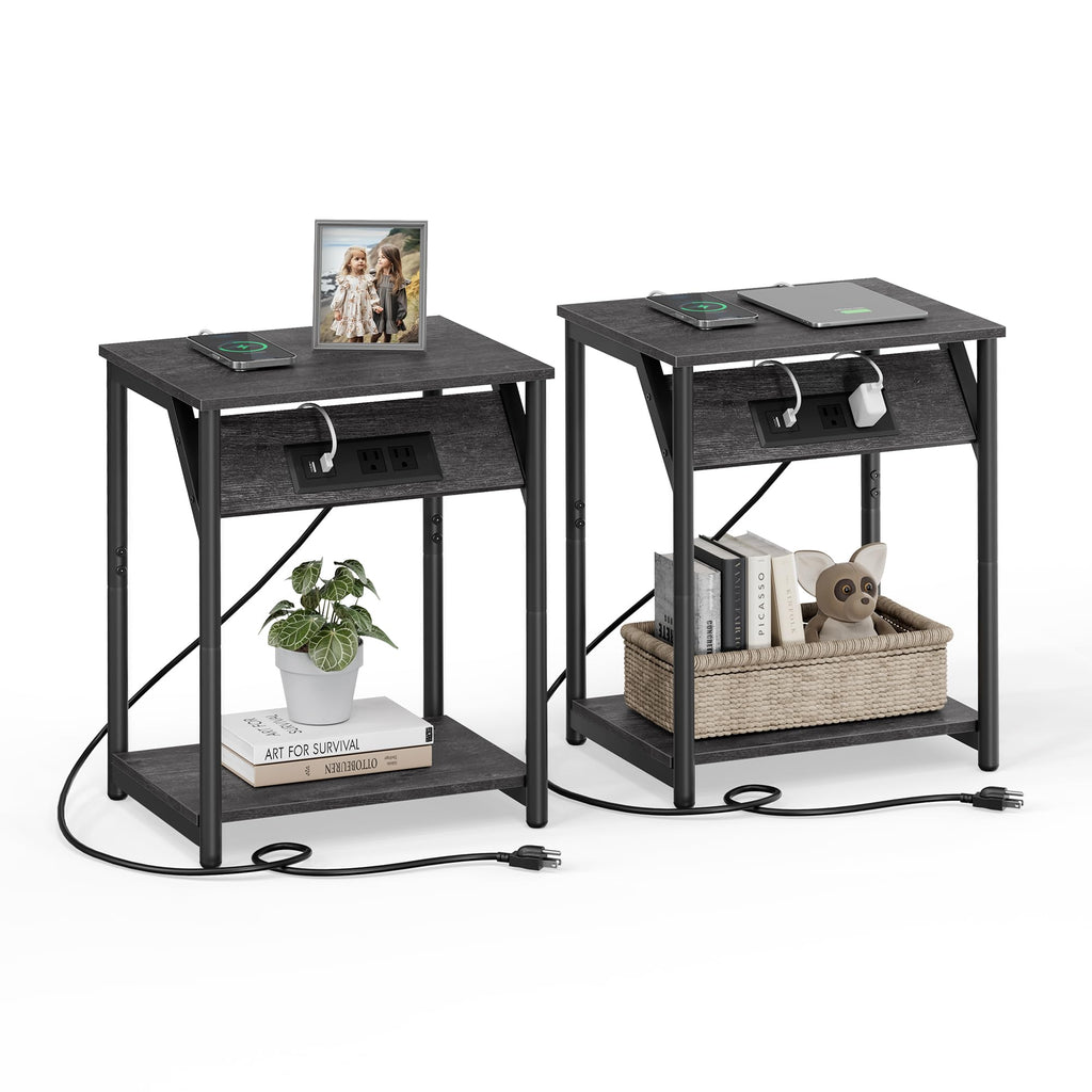 Vasagle End Table With Charging Station, Set Of 2, Small Side Tables For Living Room, Bedroom, Nightstand With Outlets And Usb Ports, Bedside Table With Storage Shelf, Misty Gray And Black