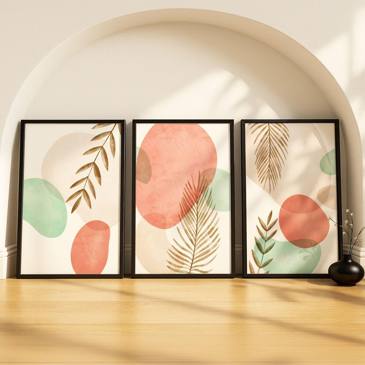 SoulAbiti Coastal Palm Watercolor set of 3 Framed Wall Print 12x18 inch Black Frame PlexiGlass Abstract Art ready to hang for l