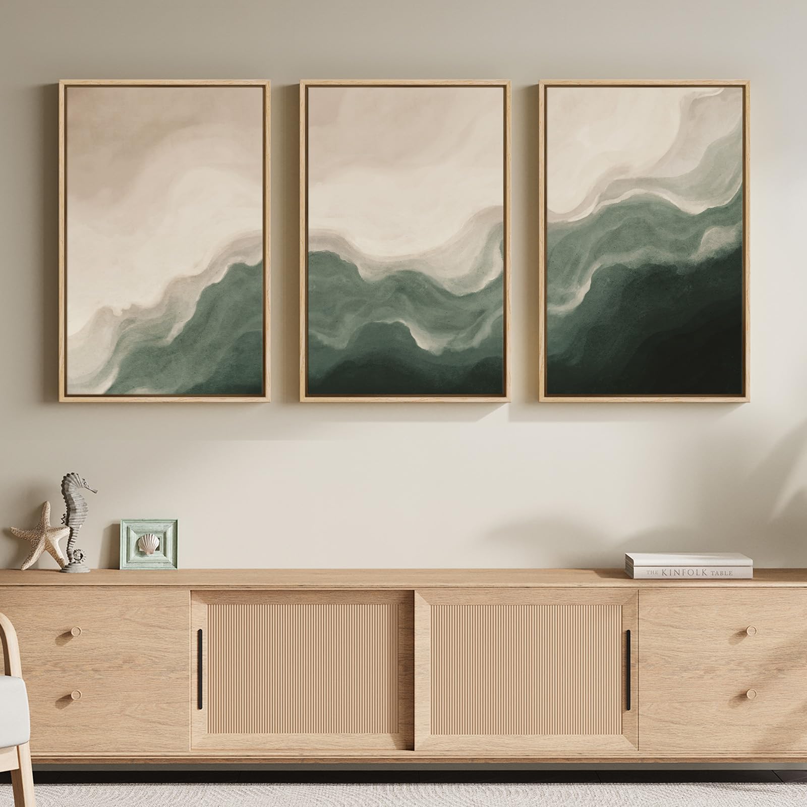 Framed Green and Beige Abstract Wall Art Set of 3, Modern Neutral Canvas Prints Paintings Artwork for Walls, Minimalist Abstract