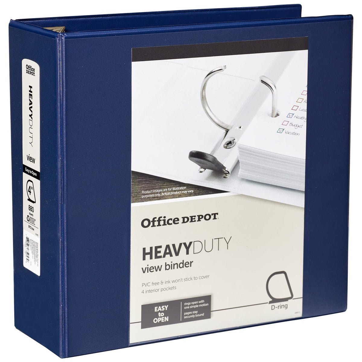 Office Depot Brand Heavy-Duty View Binder, 4' Rings, 54% Recycled, Navy