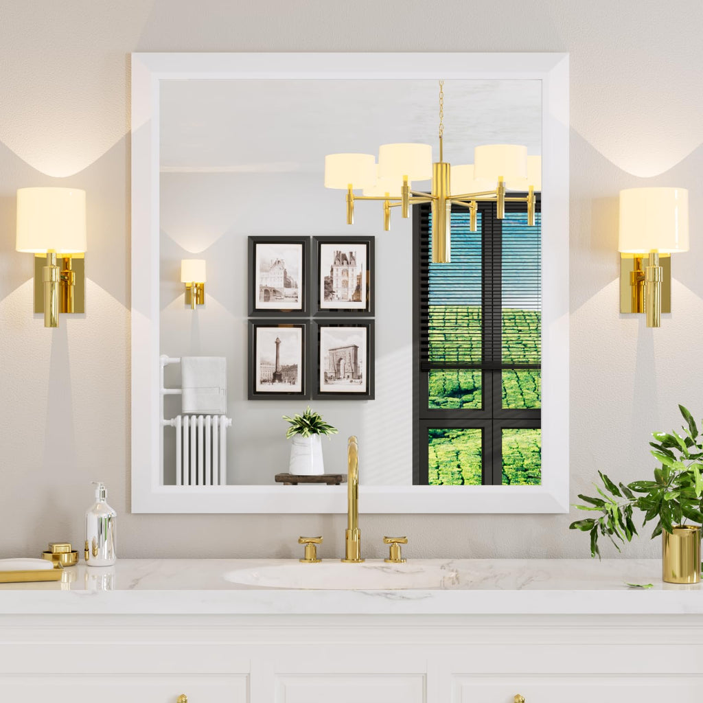 Amorho Bathroom Mirror, 40x38 Inch White Thick Metal Framed Wall Mirrors for Over Sink, Bedroom, Living Room, Entryway, Rectangl