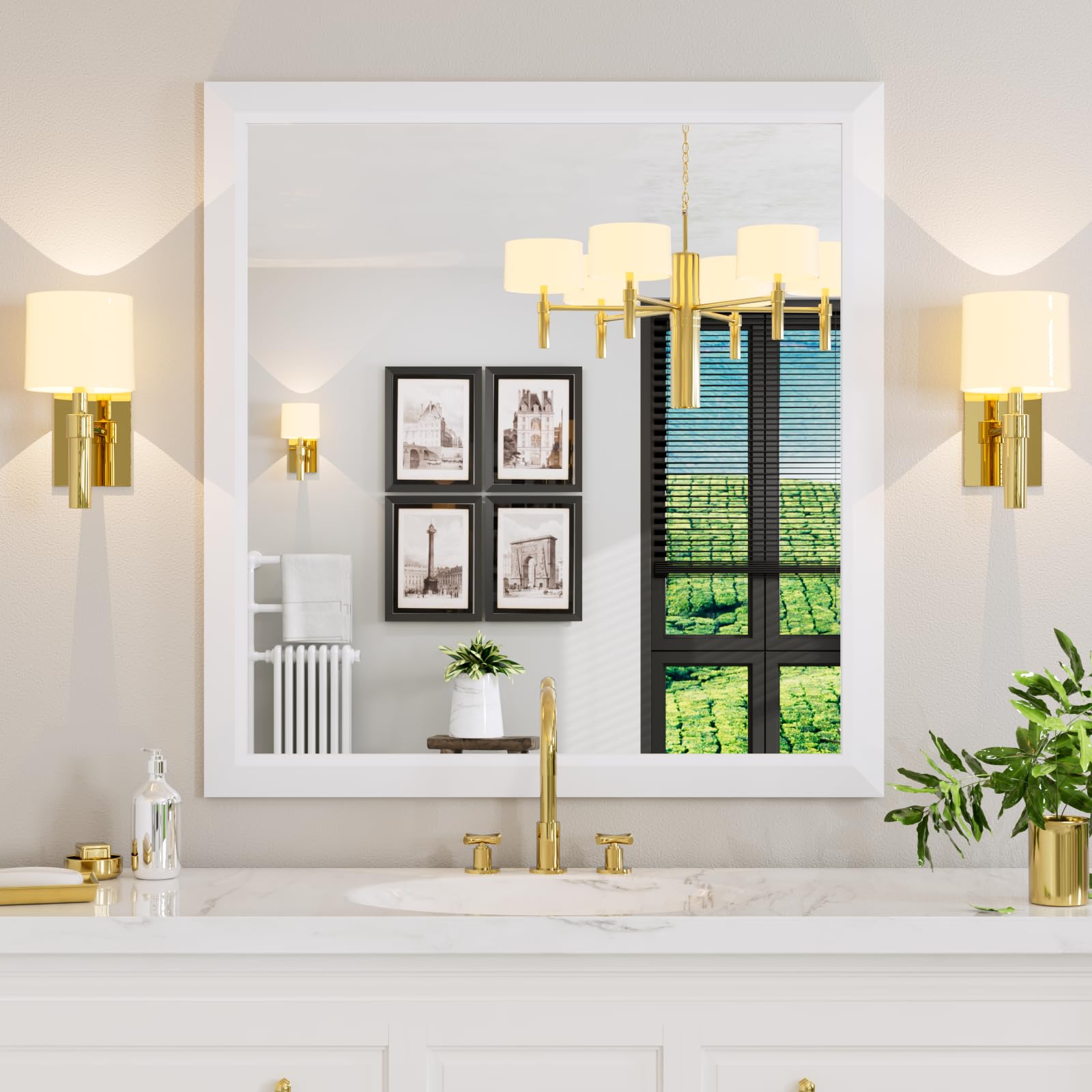 Amorho Bathroom Mirror, 40x38 Inch White Thick Metal Framed Wall Mirrors for Over Sink, Bedroom, Living Room, Entryway, Rectangl