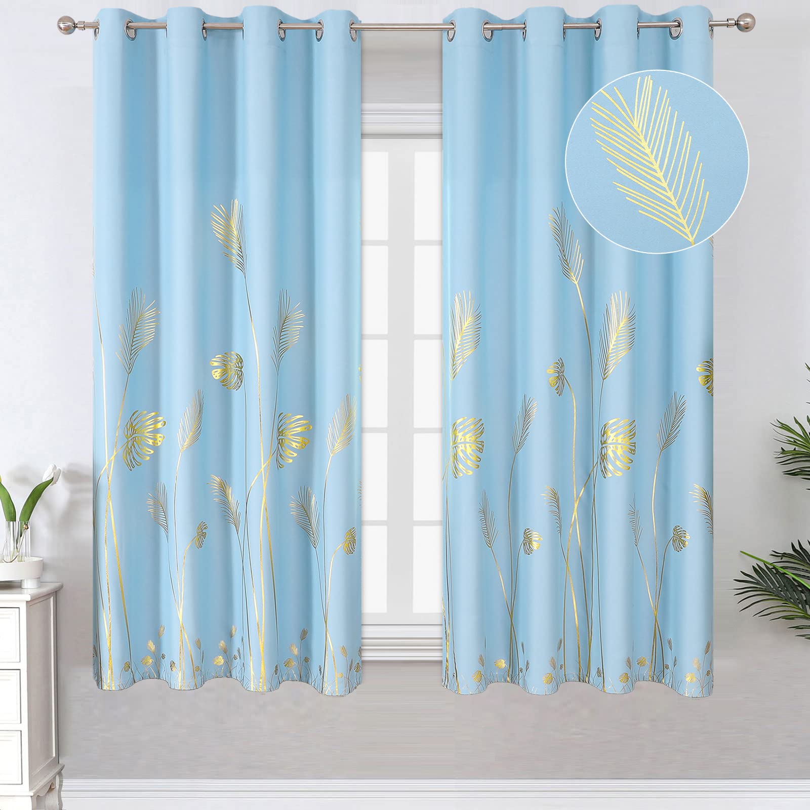 Estelar Textiler Sky Blue Blackout Curtains For Bedroom, Room Darkening Gold Palm Tree Pattern Curtains 63 Inch Length 2 Panels,