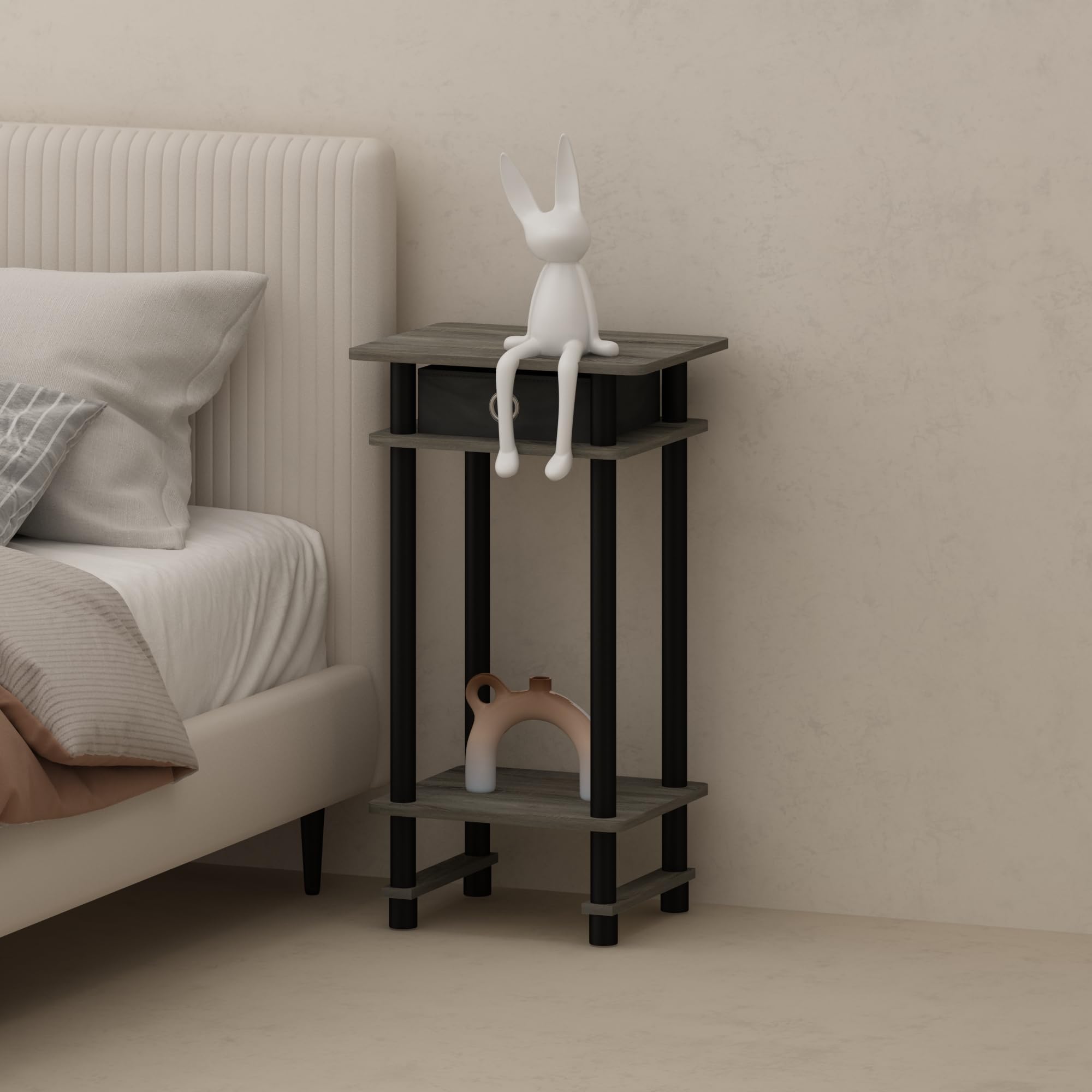 Furinno Turn-N-Tube Tall Nightstand With Bin, 1-Pack, Plastic Poles, French Oak/Black/Black