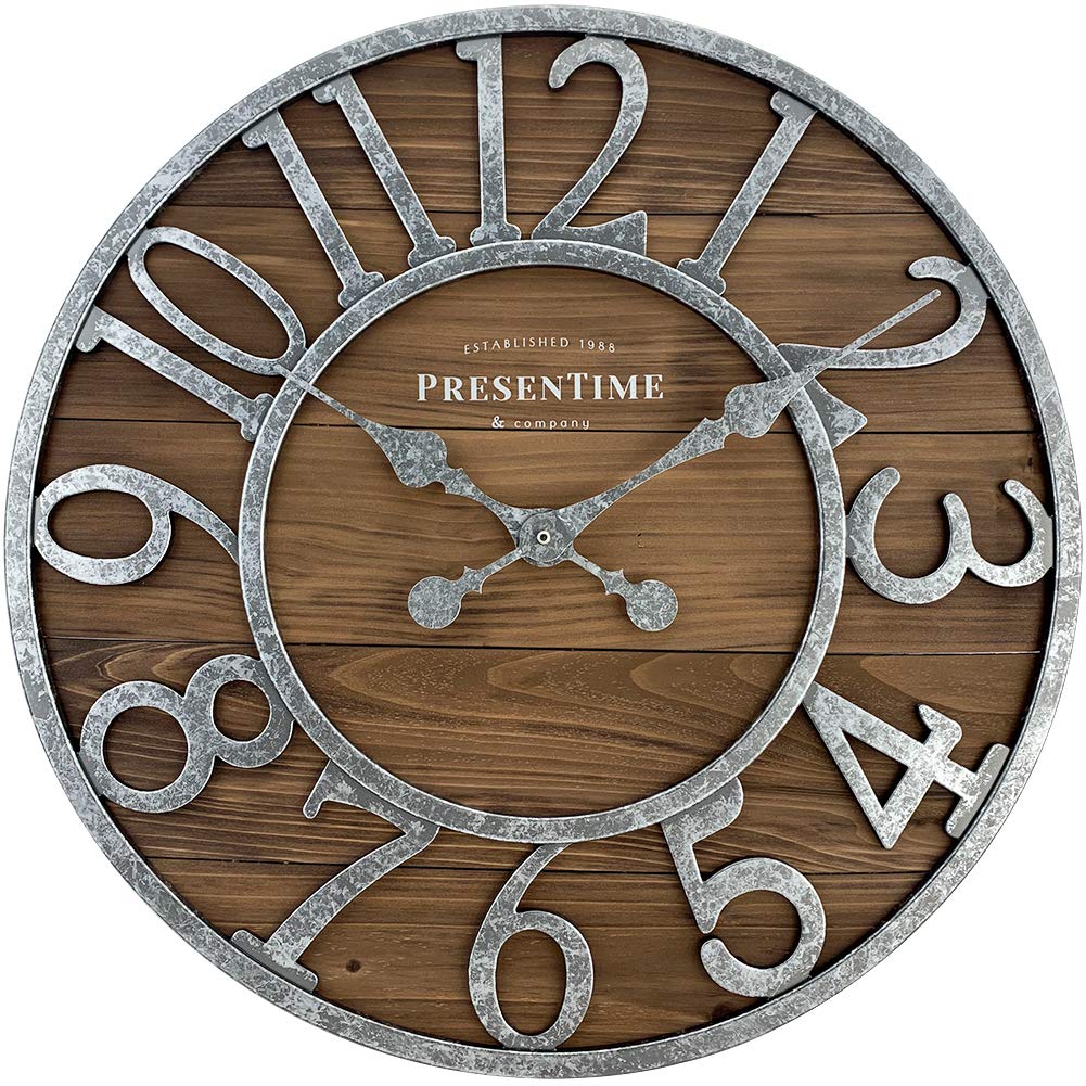 Presentime & Co Vintage Farmhouse Series, Galvanized Rustic Barnwood Clock, 19.5 inch, Galvanized Finish Arabic Numerals with We