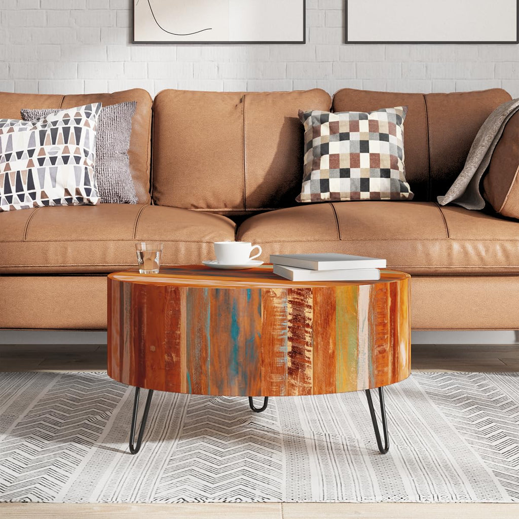 vidaXL Coffee Table with Iron Legs, Round Center Table for Living Room, Fully Handmade, 27.6''Fx15.0'', Solid Reclaimed Wood, Multicolor