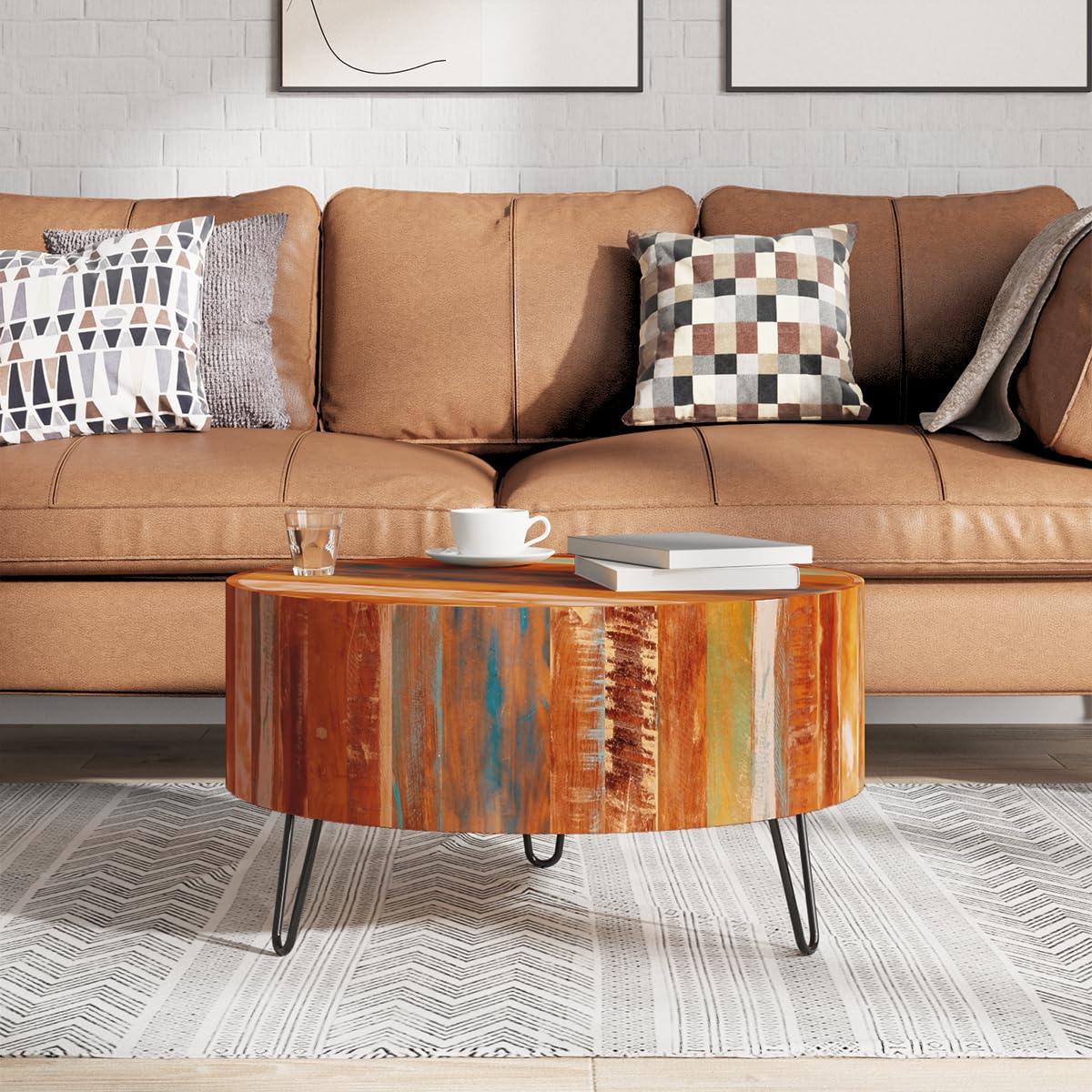 vidaXL Coffee Table with Iron Legs, Round Center Table for Living Room, Fully Handmade, 27.6''Fx15.0'', Solid Reclaimed Wood, Multicolor