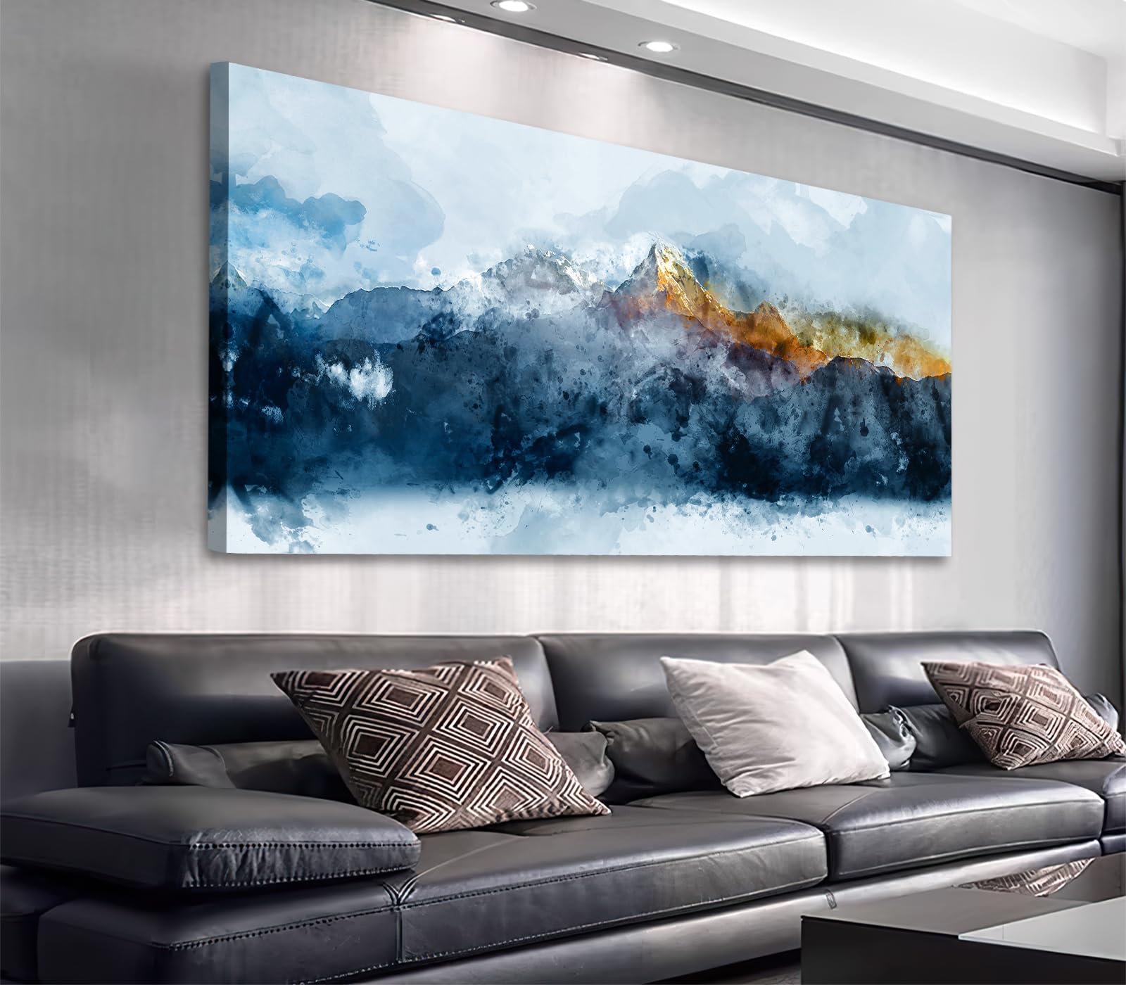 arteWOODS Mountain Canvas Wall Art Indigo Abstract Mountain Canvas Painting Prints Blue Clouds Orange Mountain Peaks Canvas Pict