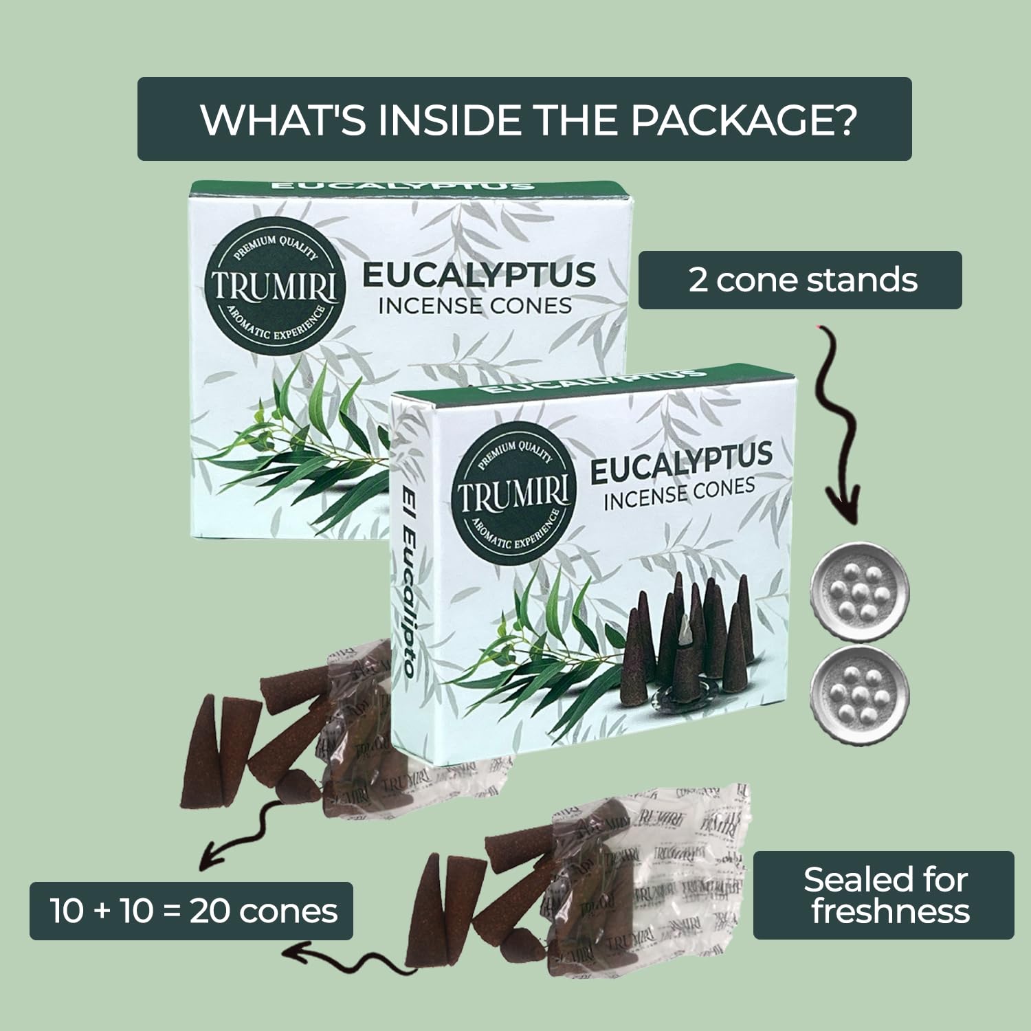Eucalyptus Incense Cones - Total 20 Cone Incense - Dual Pack Of 10 Insence Cones - Incense Cones Scented - Cone Incense Scents -