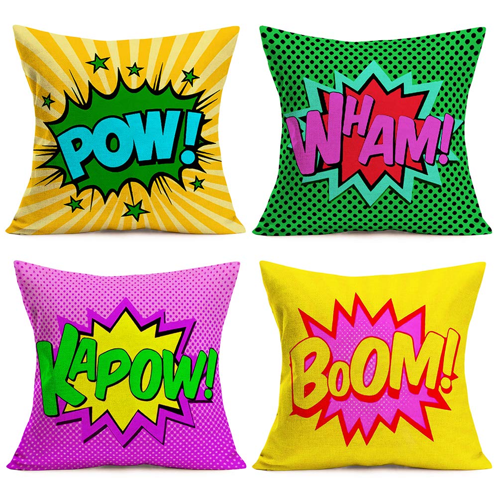 Easternproject Set Of 4 Super Hero Quote Throw Pillow Case Cushion Cover Comic Book Exclamation Pattern Decorative Square 18X18