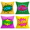 Easternproject Set Of 4 Super Hero Quote Throw Pillow Case Cushion Cover Comic Book Exclamation Pattern Decorative Square 18X18