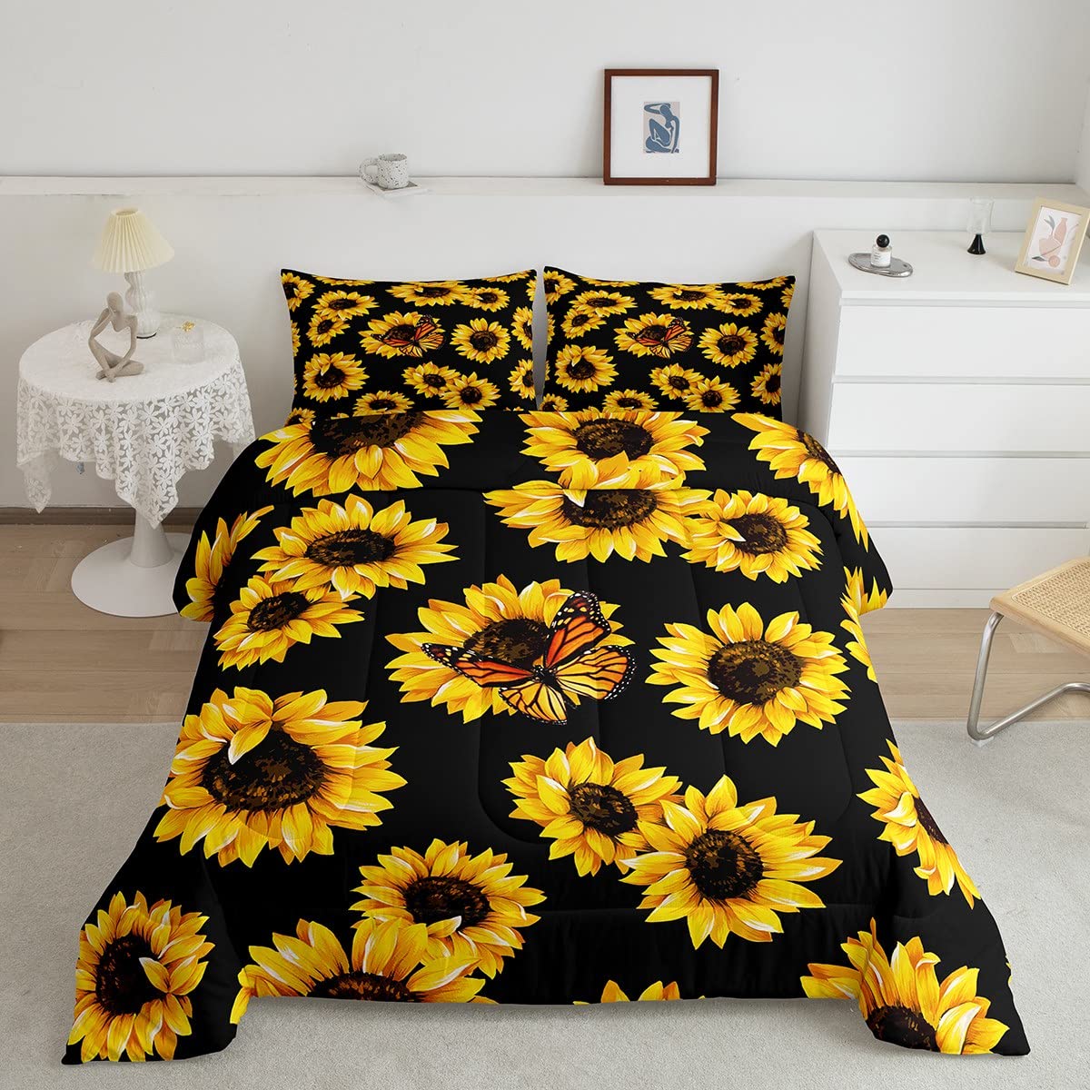 Feelyou Sunflower Bedding Set Girls Yellow Floral Butterfly Comforter Chic Flowers Pattern Comforter Set For Kids Teens Botanica