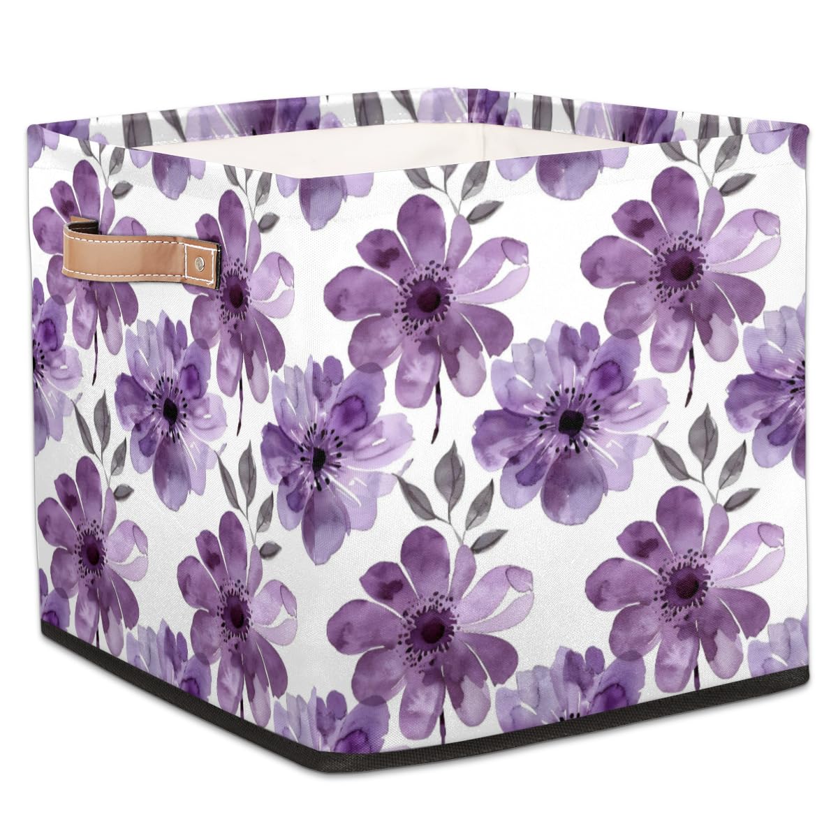 Tablerazzi Purple Floral Cube Storage Bin, 13 Inch Collapsible Fabric Storage Cubes Bin, Watercolor Flower Leaves Wildflower Fol