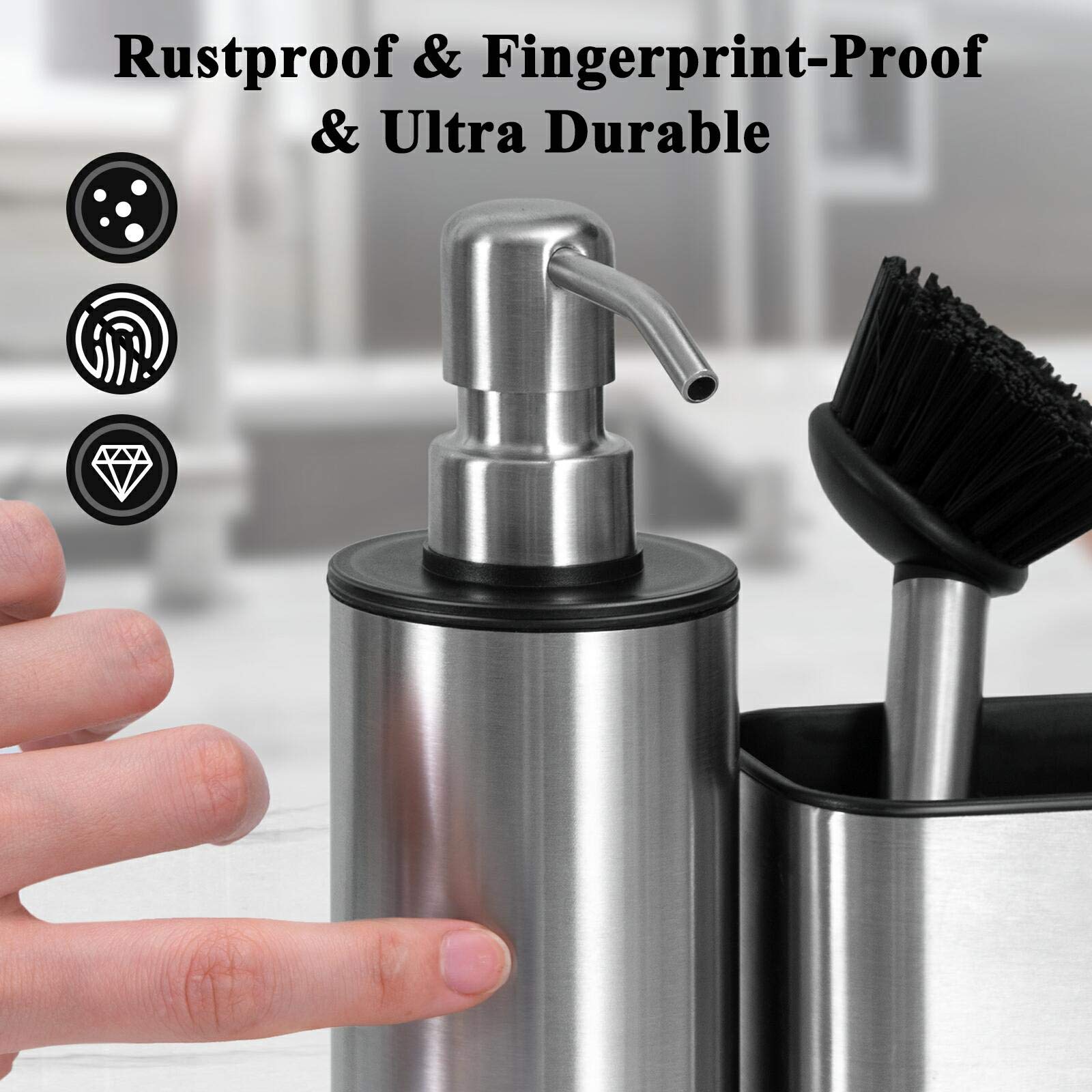 Odesign Bathroom Dish Soap Dispensers With Caddy (A Spare Brush Included) Kitchen Sink Organizer Sponge Holder For Countertop St