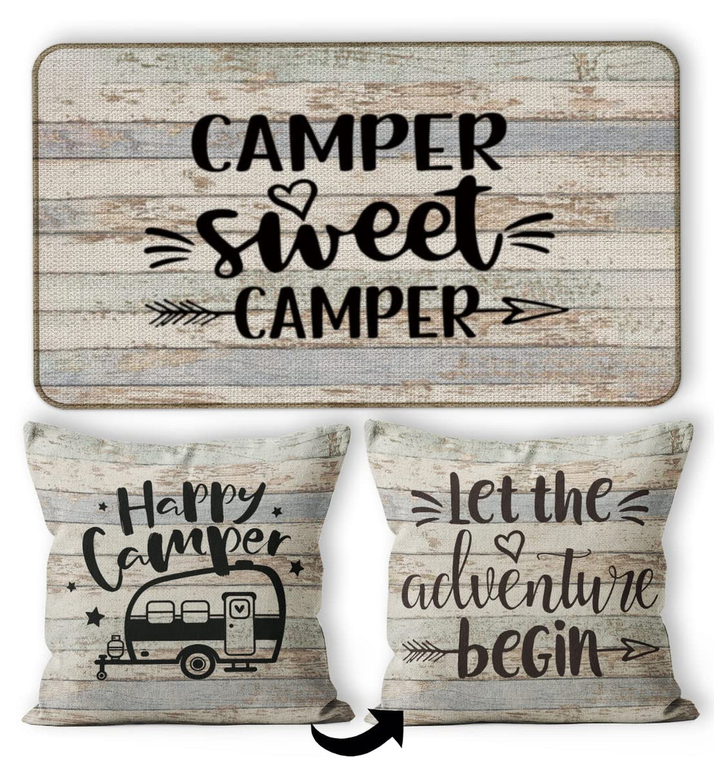 Camper Sweet Camper Decorative Doormat 17   X30   ,Happy Camper Let The Adventure Begin Reversible Throw Pillowcase 18   X18   ,