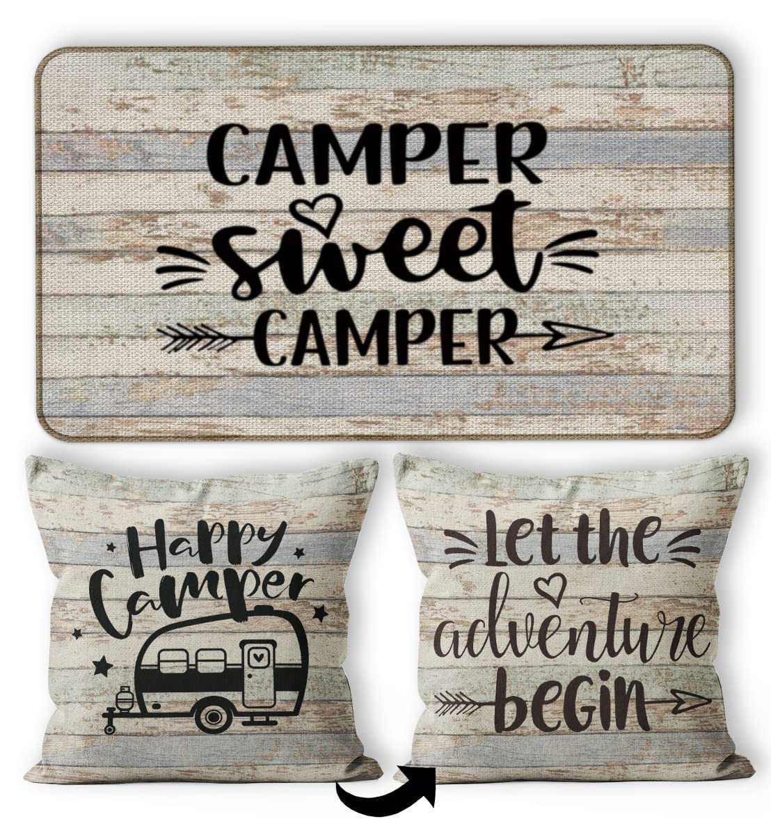 Camper Sweet Camper Decorative Doormat 17   X30   ,Happy Camper Let The Adventure Begin Reversible Throw Pillowcase 18   X18   ,