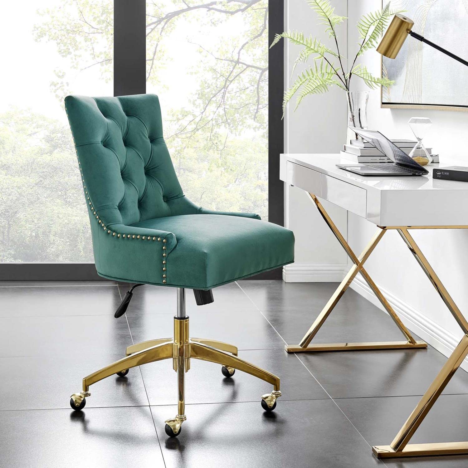 Modway Regent Tufted Performance Velvet Swivel Office Chair, Gold Teal