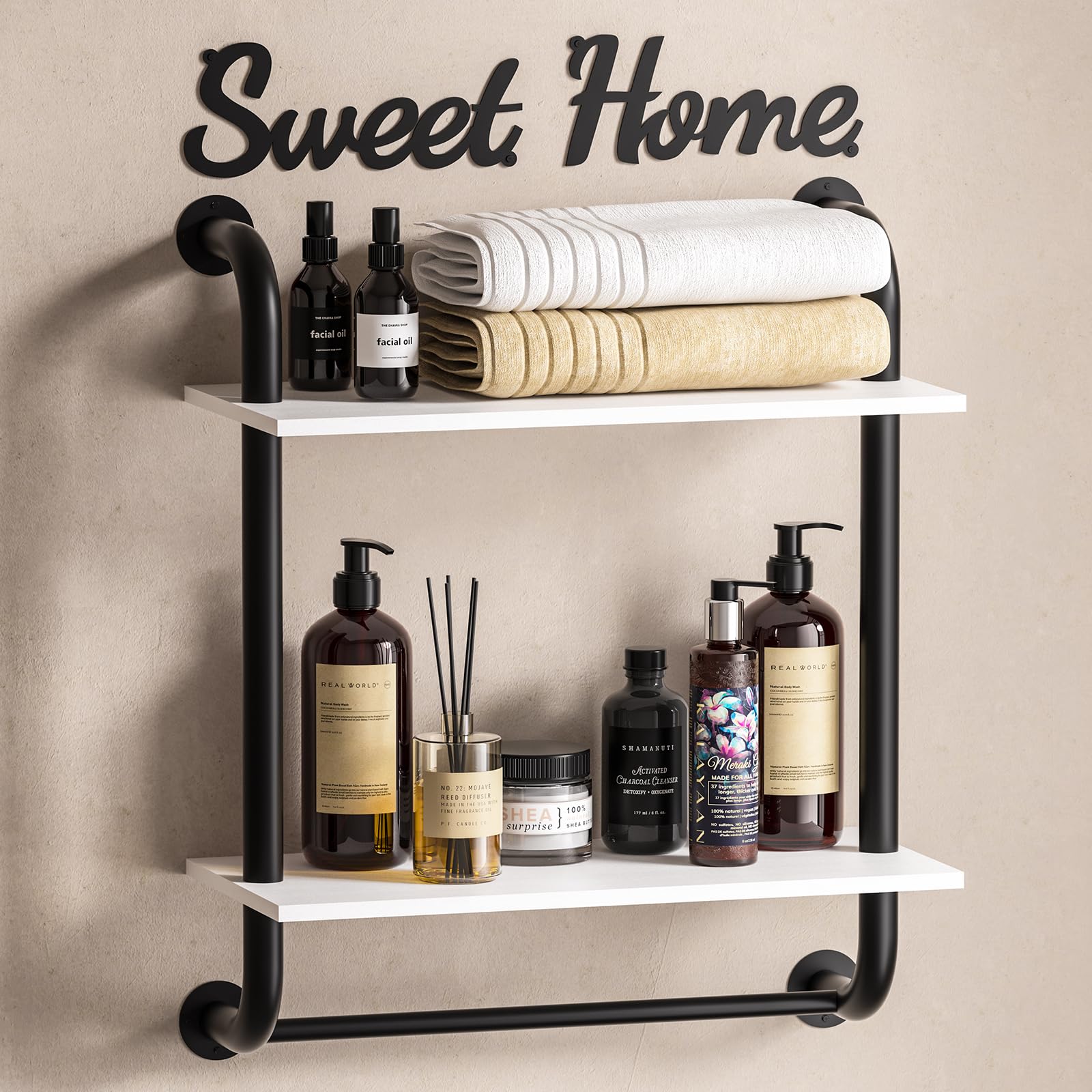 Tinpin Bathroom Shelves Wall Mounted, Rustic Farmhouse Pipe Shelves, Wall Shelves 2-Tier, Industrial Pipe Shelving, Floating She