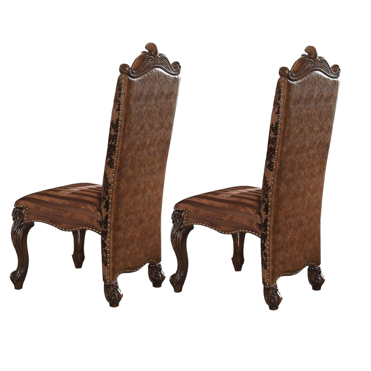 Benjara Faux Leather Upholstered Wooden Side Chair With Scrolled Carvings, Set Of Two, Brown