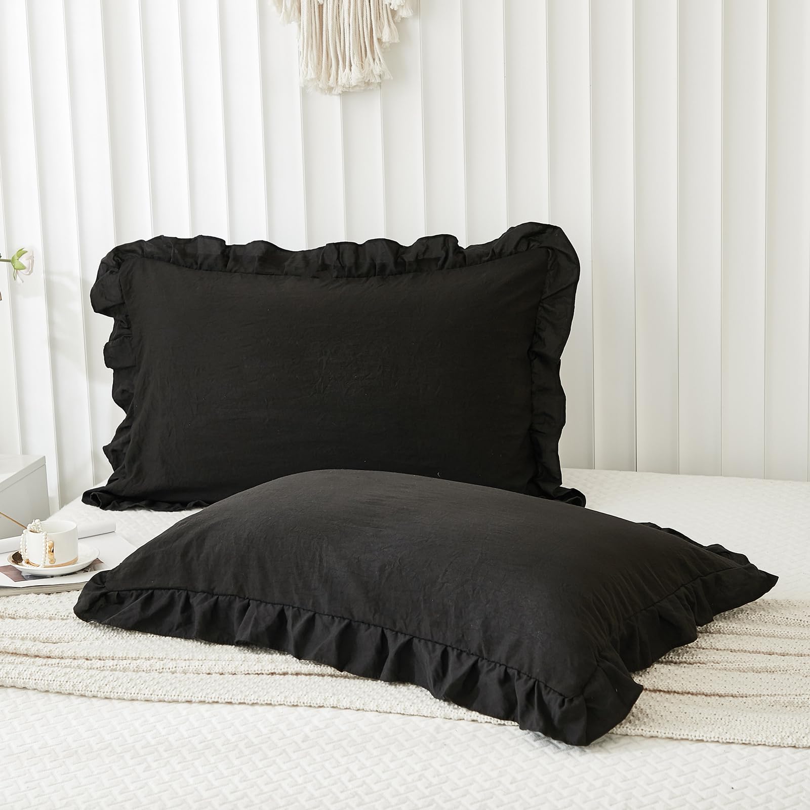 Black Pillowcases King Pillowcases Ruffled Pillow Shams Set Of 2 Cute Pillowcases Solid Ruffled Fringe Design Black Shabby Chic