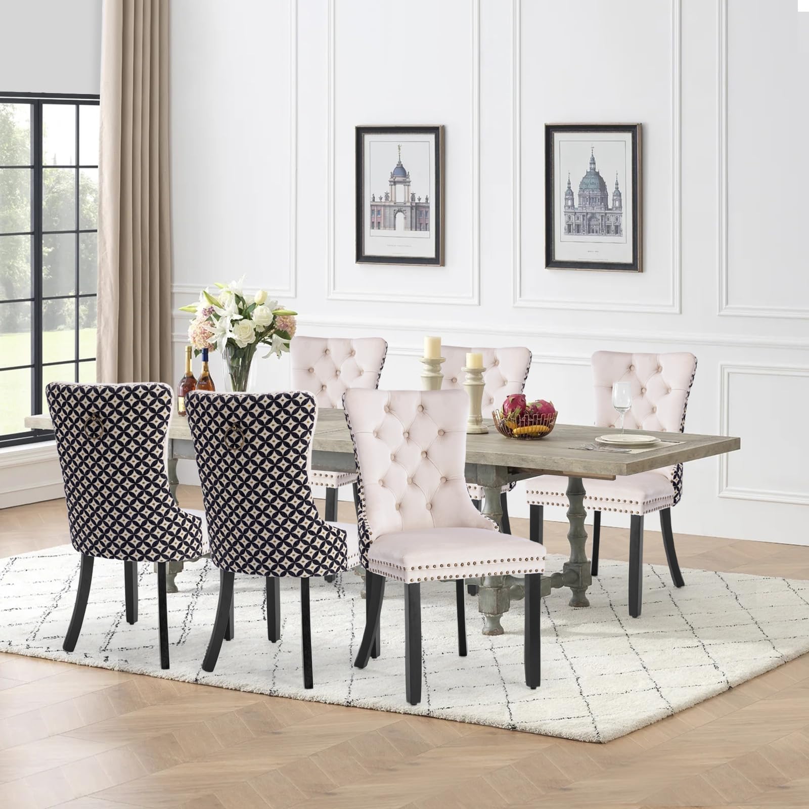 Vicbarley Velvet Dining Chair Set Of 6 Upholstered Tufted Dining Room Chair With Nailhead Trim And Rubber Wood Legs For Kitchen,