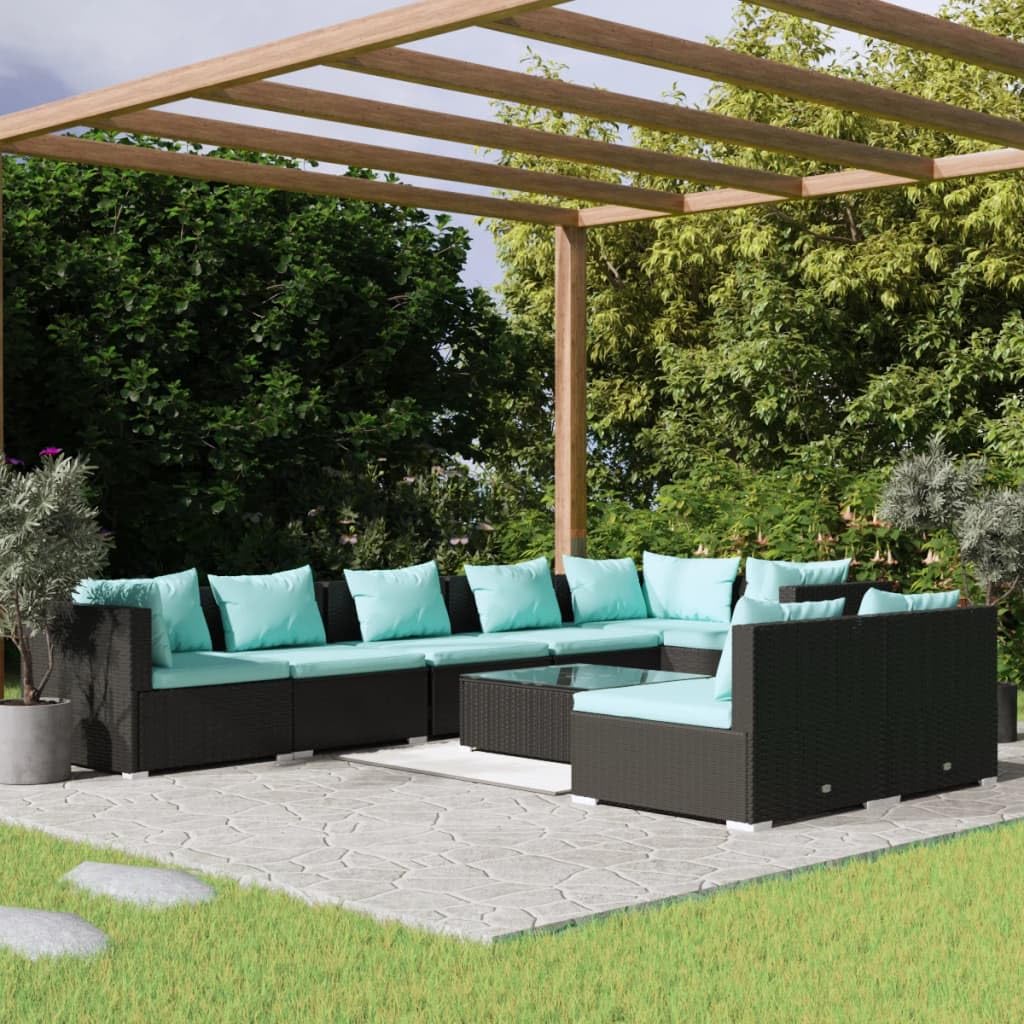 vidaXL 9-Piece Outdoor Patio Lounge Set - Durable Powder-Coated Steel Frame, Weather-Resistant Black Poly Rattan, Water Blue Cushions, Comfortable Seating, Modular Design