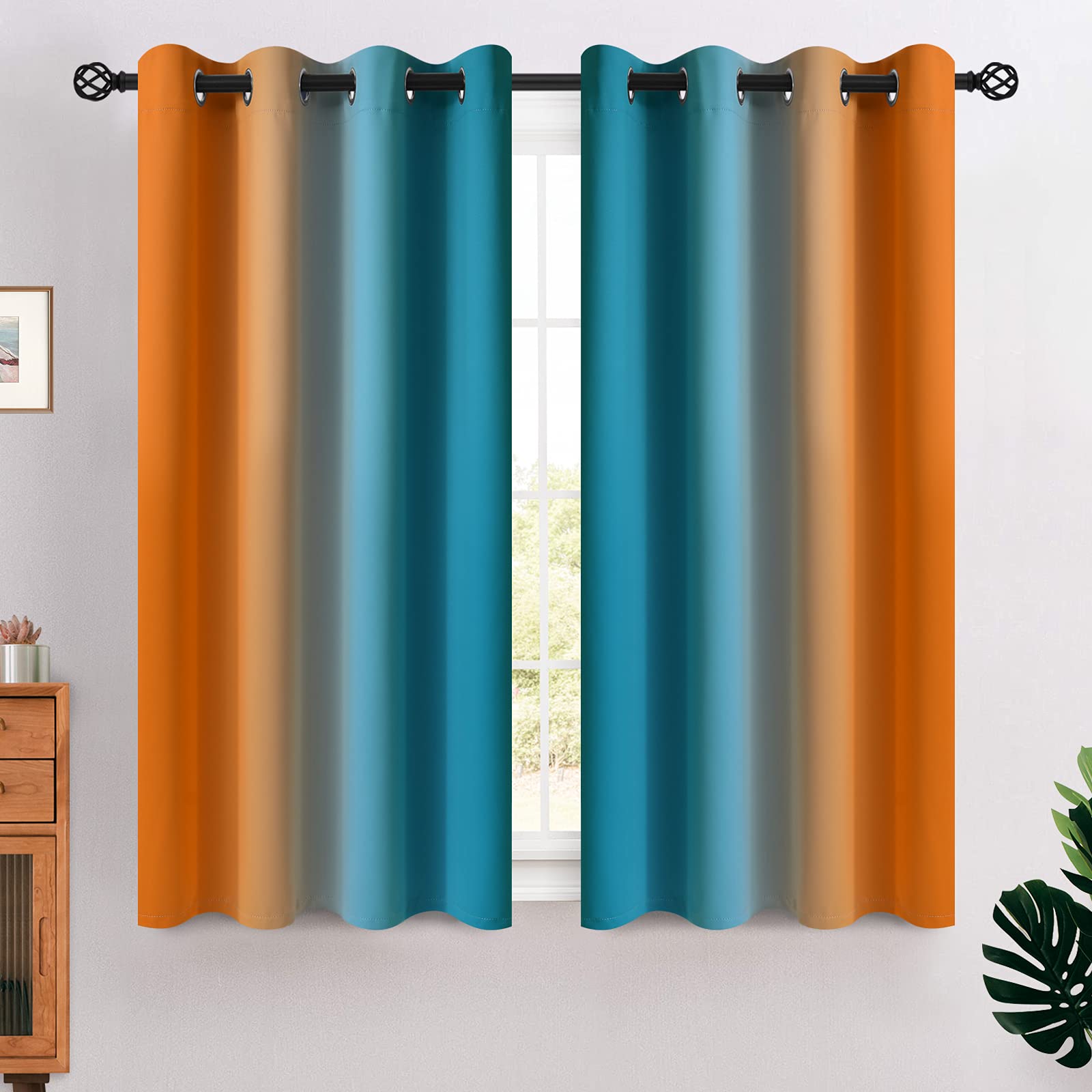 Cosviya Grommet Ombre Room Darkening Curtains 54 Inches Length For Kids/Girls Bedroom, Polyester Light Blocking Orange And Blue