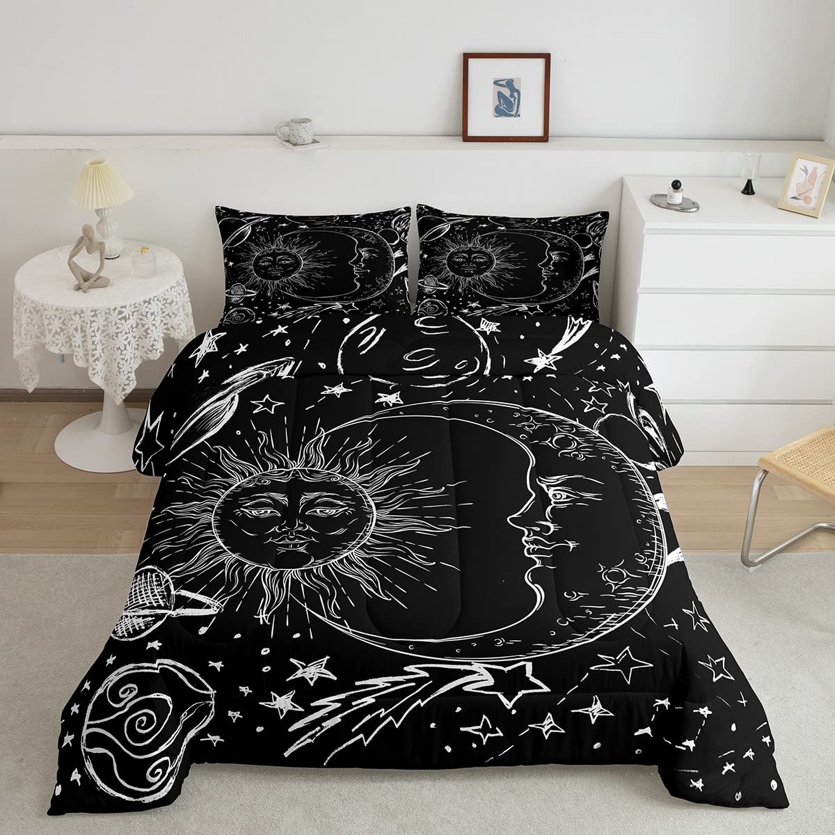 Feelyou Sun and Moon Bedding Set Full Size Bohemian Style Comforter Set for Kids Boys Girls Galaxy Comforter Cosmic Celestial Qu