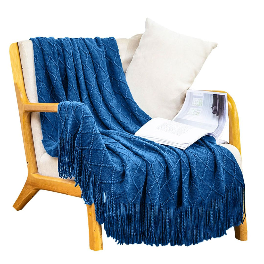 Soga Royal Blue Diamond Pattern Knitted Throw Blanket Warm Cozy Woven Cover Couch Bed Sofa Home Decor With Tassels
