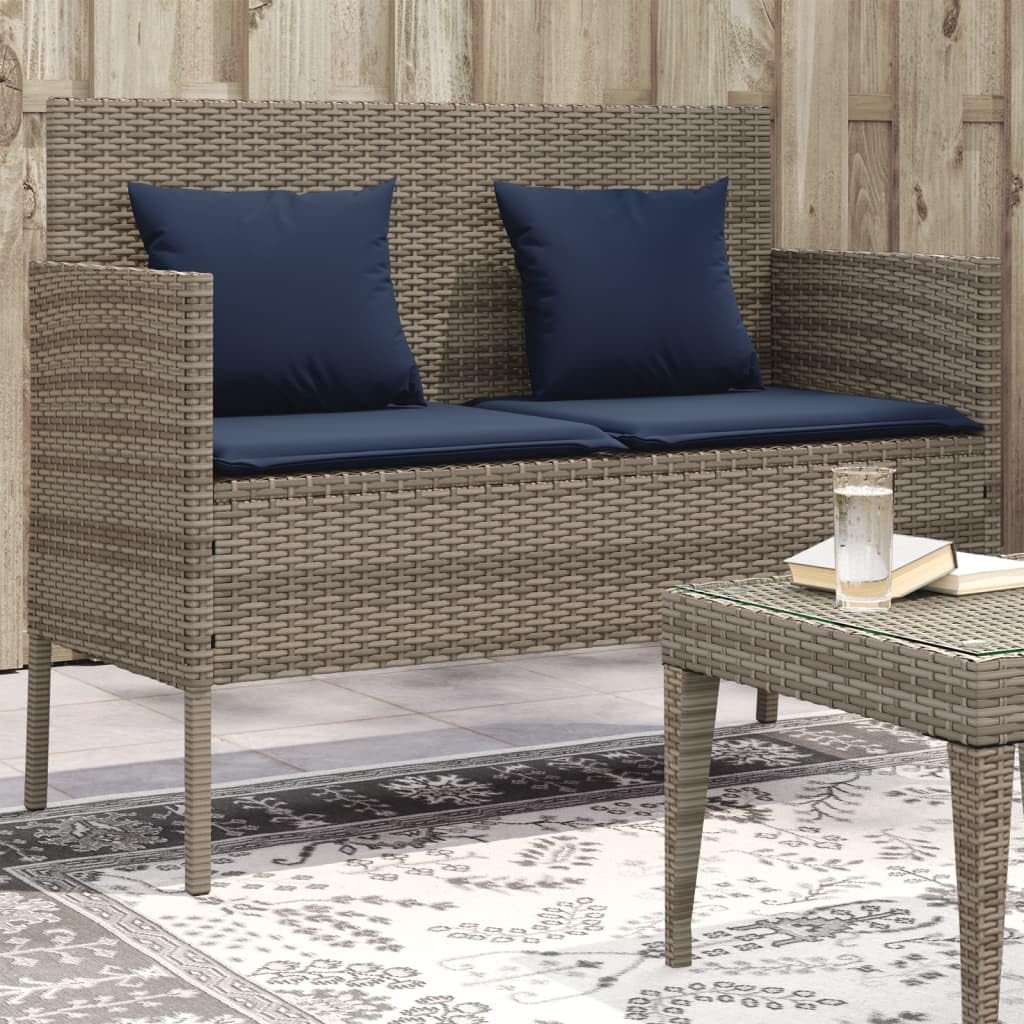 vidaXL Outdoor Patio Bench with Storage and Cushions - Gray Poly Rattan, Powder-Coated Steel Frame, Navy Blue Polyester Cover