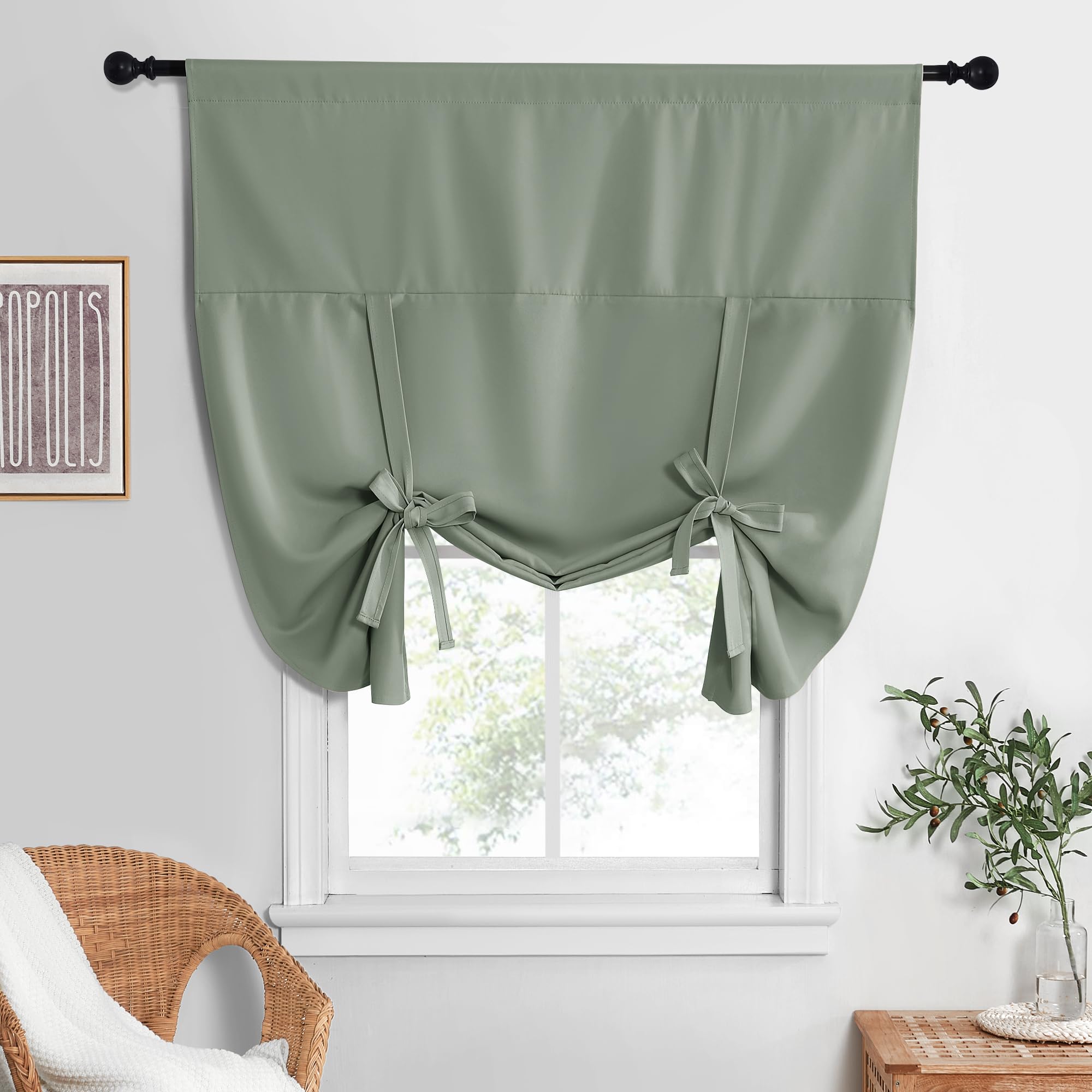 NICETOWN Farmhouse Short Curtains for Kitchen Window, Energy Efficient Tie Up Shades for Living Room Rod Pocket Balloon Window D