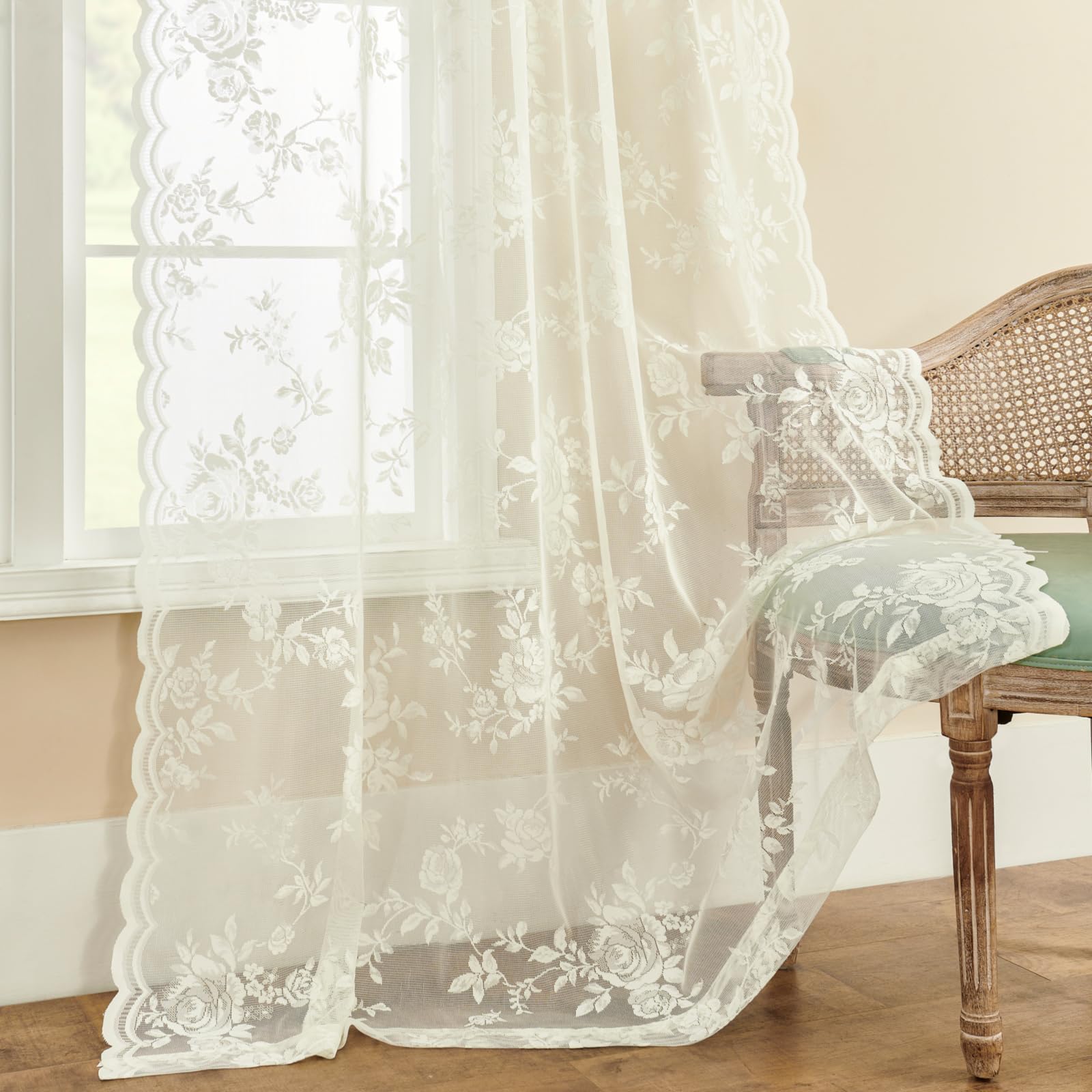 Seekright Ivory Lace Curtains 80 Inches Long 2 Panels Victorian Floral Sheer Curtains For Bedroom Living Room Rod Pocket Light F