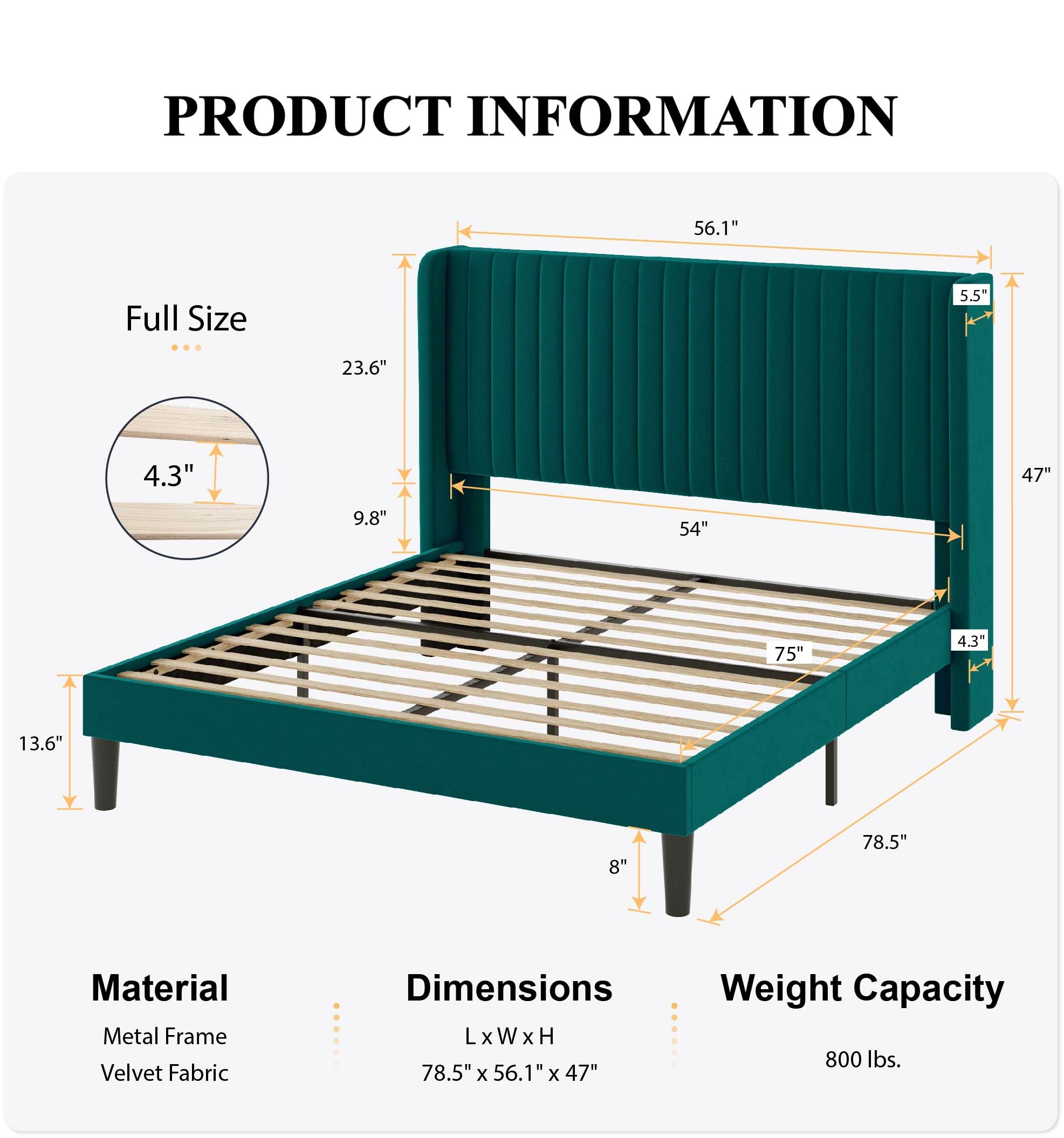 Sha Cerlin Full Size Velvet Bed Frame With Vertical Channel Tufted Wingback Headboard, Upholstered Platform Bed With Wood Slats, No Box Spring Needed, Easy Assembly, Teal