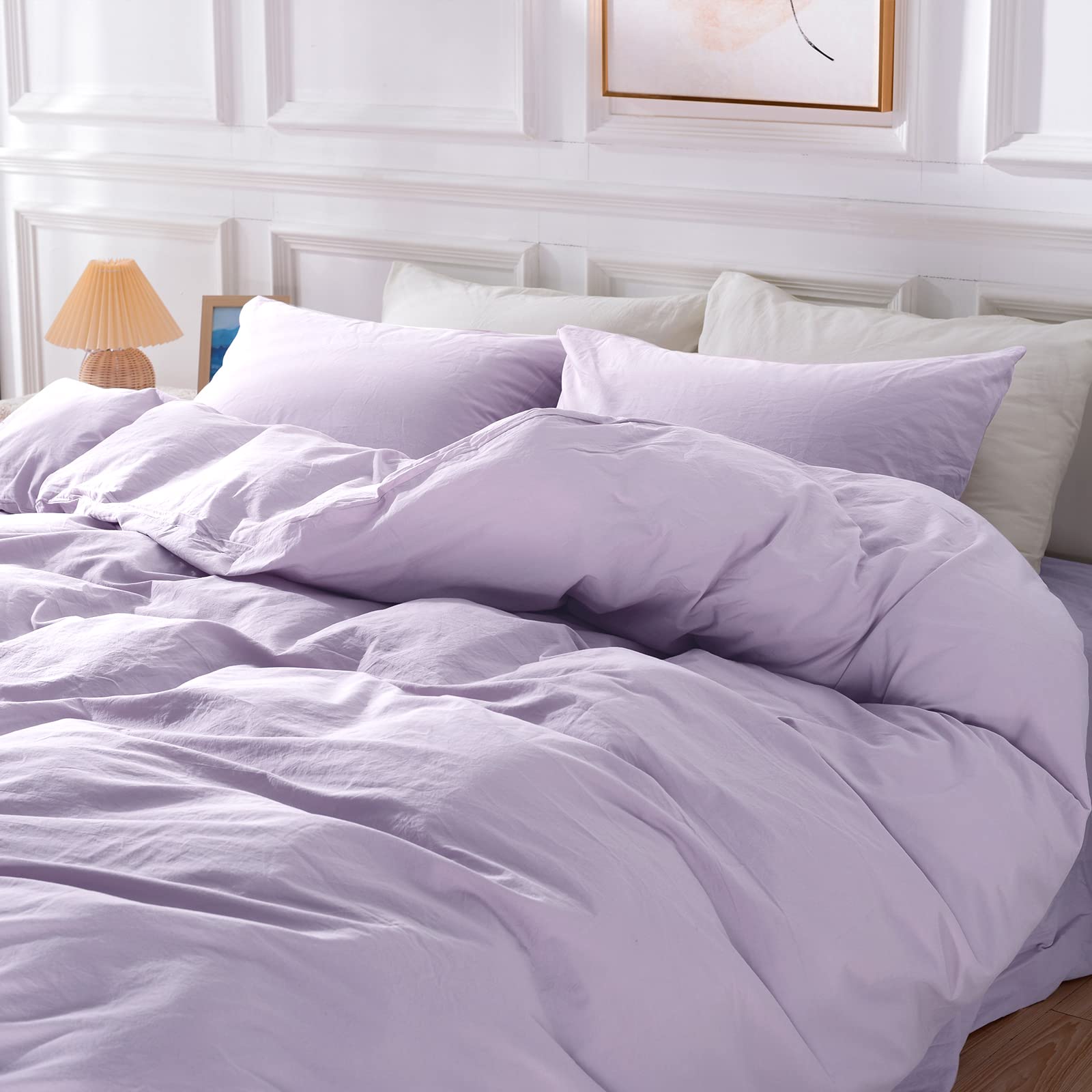 Nexhome Pro Duvet Cover Set 100% Washed Cotton Oversized Queen 98'X98', Organic Natural Linen Look Textured 3 Pieces Bedding Set Lavender Lilac With Zipper Closure, Breathable, Soft (No Comforter)