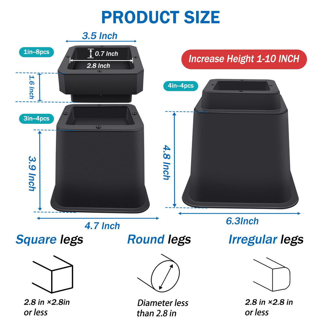 Annkut Bed Risers 10 Inch Heavy Duty,Elevation In Heights 1,2,3,4,5,6,7,8,9,10 Inch,Adjustable Furniture Risers For Chair Table