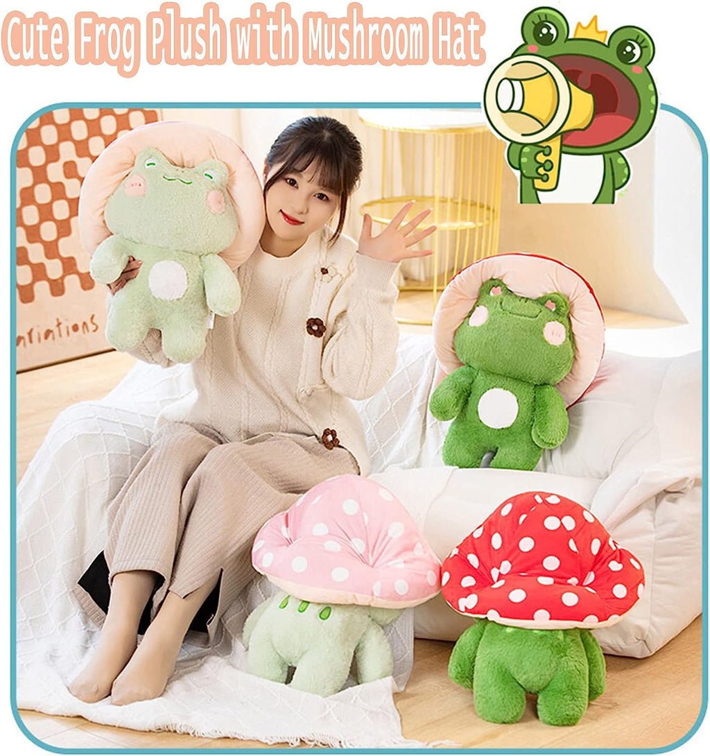 Frog Plushies Toys, 17' Cute Frog Pillow With Mushroom Hat Stuffed Animals, Kawaii Plushies Gift For Kids Girls Adults Valentin