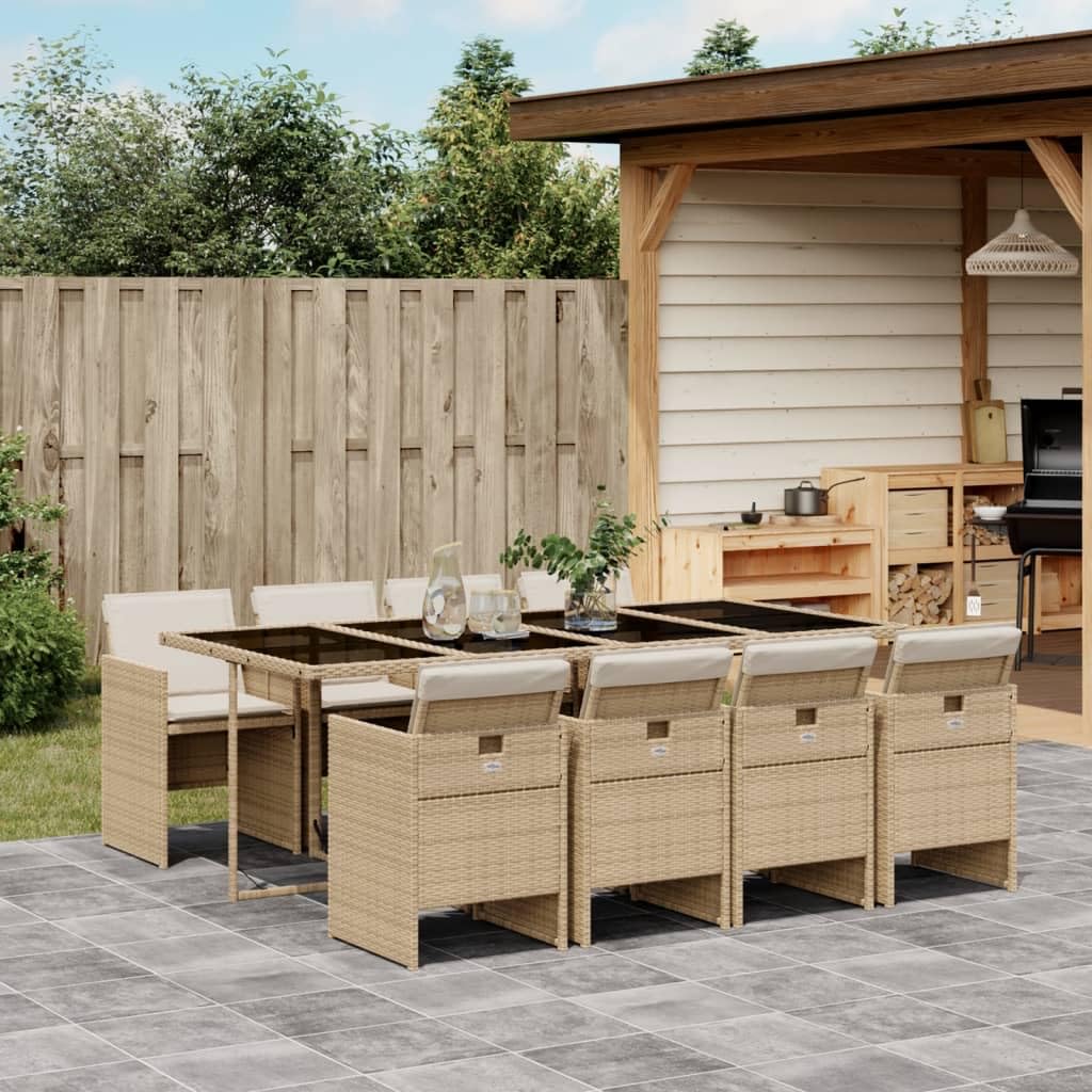 vidaXL 9-Piece Beige Poly Rattan Patio Dining Set with Cushions - Outdoor Garden Furniture with Tempered Glass Tabletop and Storage Folding Chairs