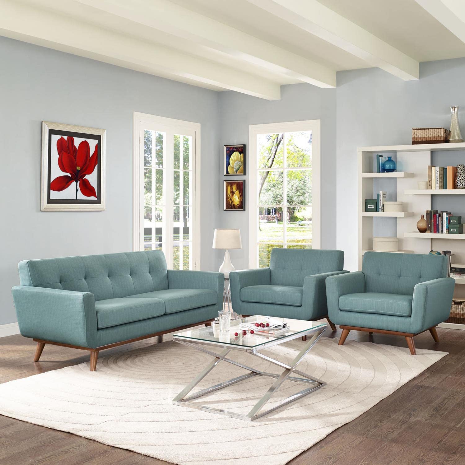 Modway Engage Mid-Century Modern Upholstered Fabric Two Armchair And Loveseat Set In Laguna