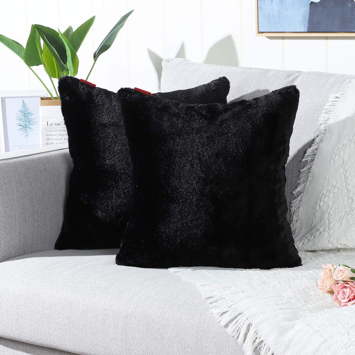 Mandioo Pack Of 2 Black Faux Fur Fuzzy Cozy Soft Decorative Throw Pillow Covers Set Cushion Cases Pillowcases For Sofa Bedroom C