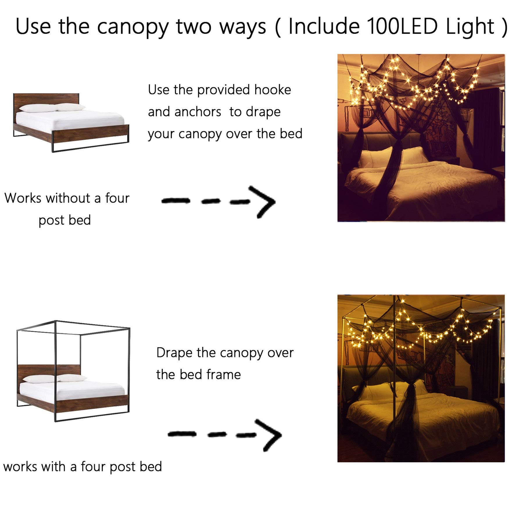 8 Corner Bed Canopy With 100 Led Star String Lights Battery Operated, Bed Netting Unique Style 4 Door Square Canopy Bed Curtains