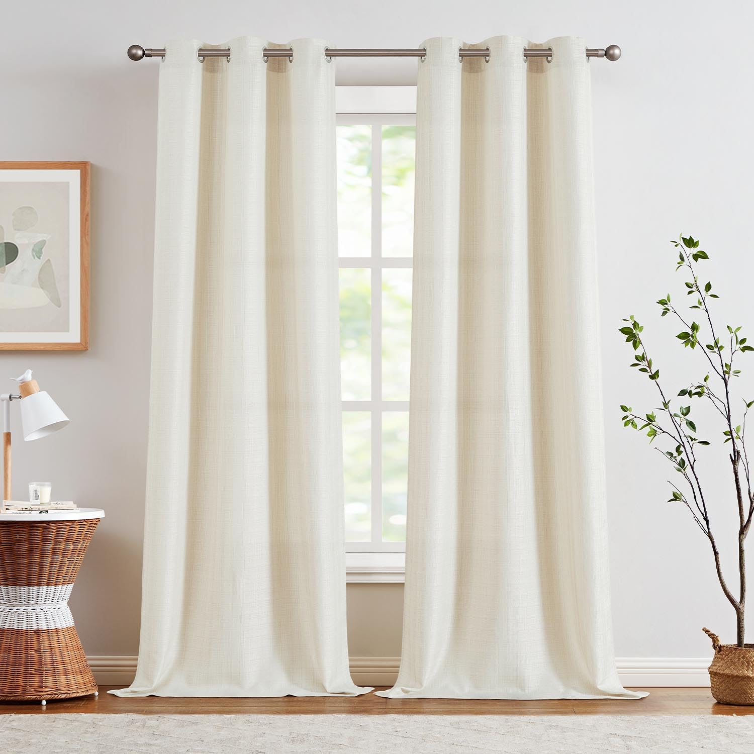 Jinchan Ivory Linen Textured Curtains 108 Inches Long For Living Room Grommet Top Light Filtering Window Drapes For Bedroom 2 Pa