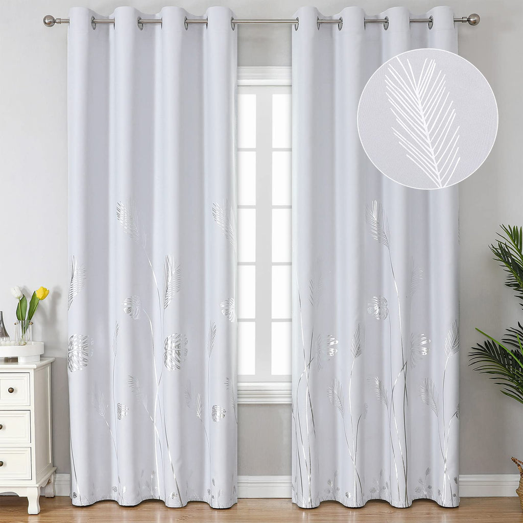 Estelar Textiler Greyish White 108 Inches Long Silver Palm Window Curtain Panels Room Darkening Curtains Thermal Insulated Light