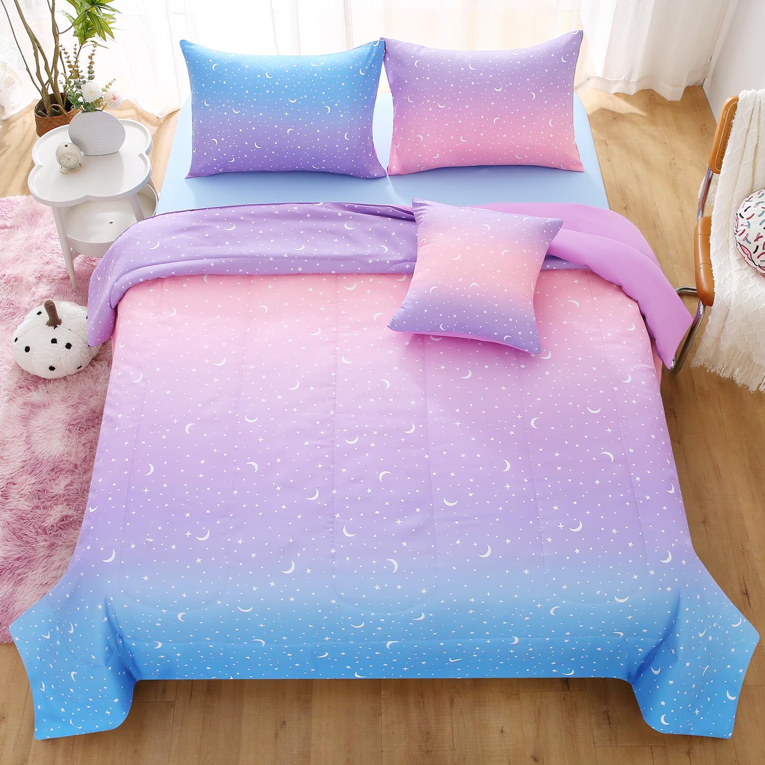 Jqinhome Queen Girls Comforter Set,6 Piece Bed In A Bag 3D Purple Orange Glitter Bedding Set -All Season Microfiber Rainbow Bedding Sets For Girls Women