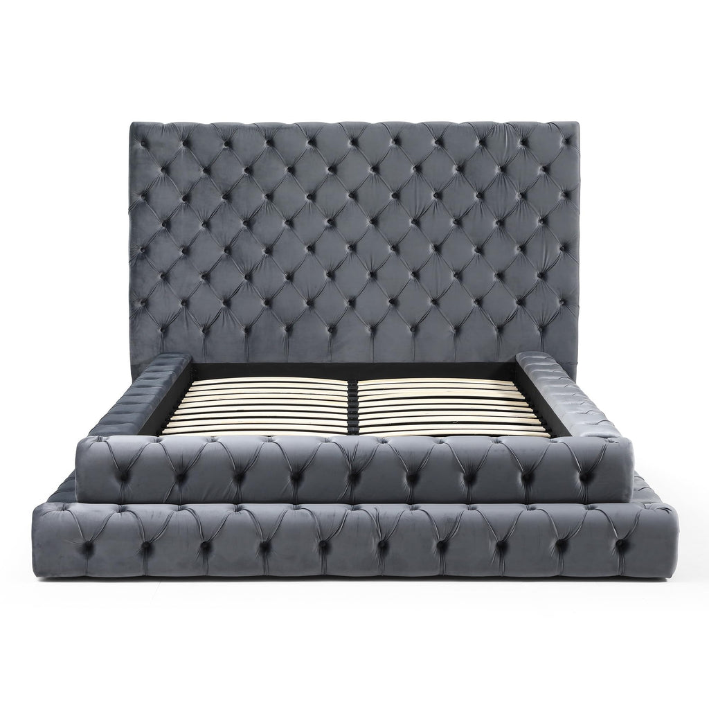 Better Home Products Eleonora Velvet Queen Bed - Luxurious Upholstered Design with Deep Button Tufting in Gray (Gray, Queen)