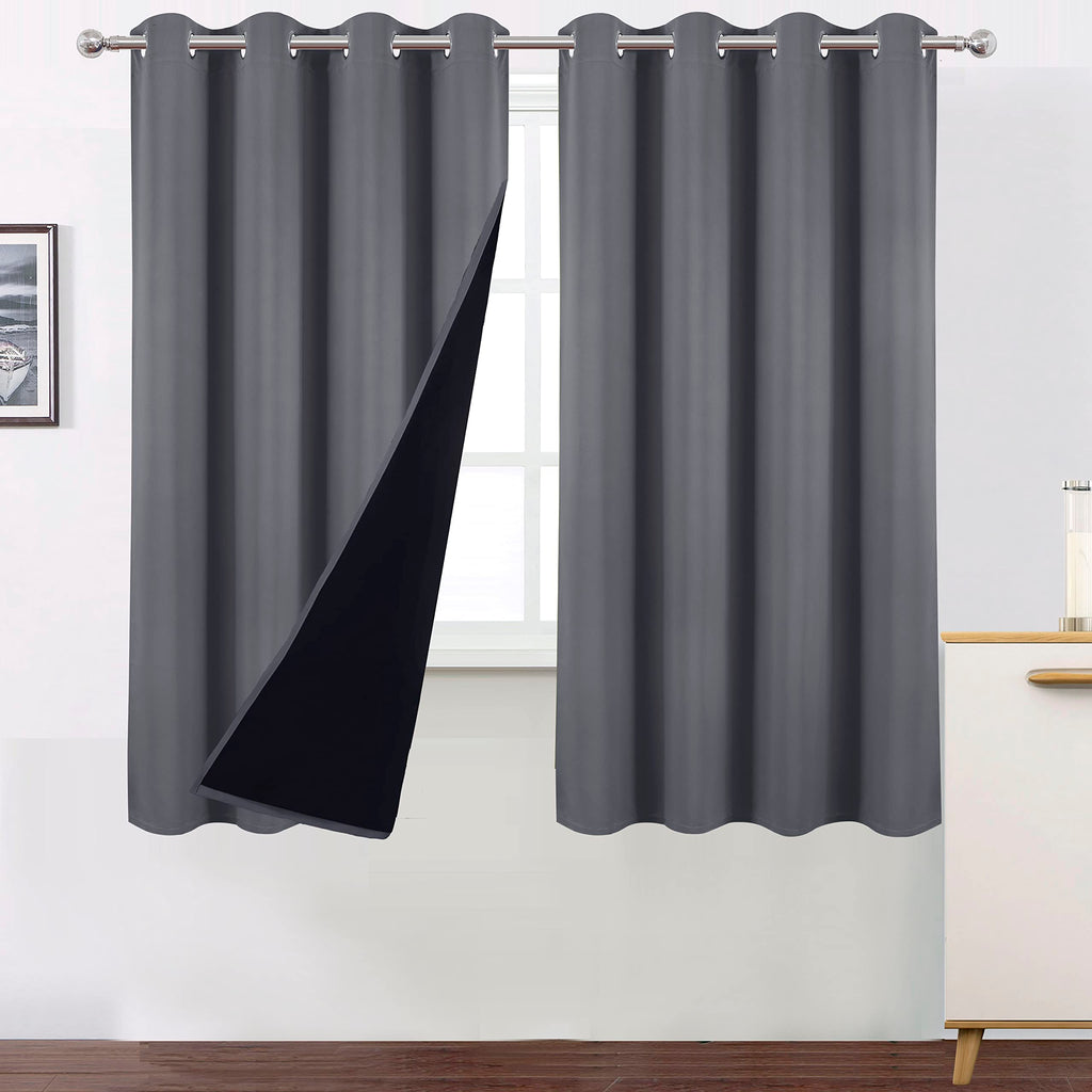LEMOMO 100% Blackout Curtains 52 x 63 Inch/Grey Curtains 2 Panels with Black Lining Room Darkening Thermal Insulated Bedroom Cur
