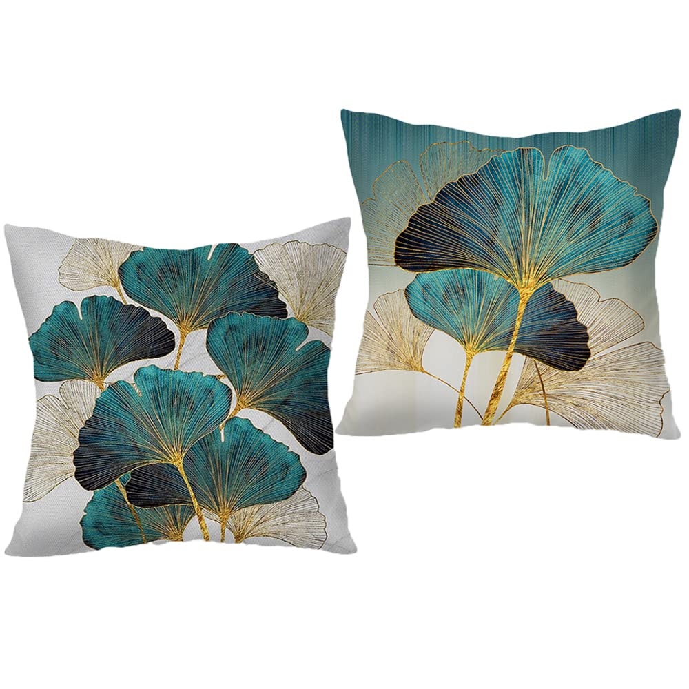 Throw Pillow Cover Green Plant Leaves - 18 X 18 Inch Teal Gold Ginkgo Leaf Pillow Cushion Covers - Set Of 2 Square Turquoise Cus