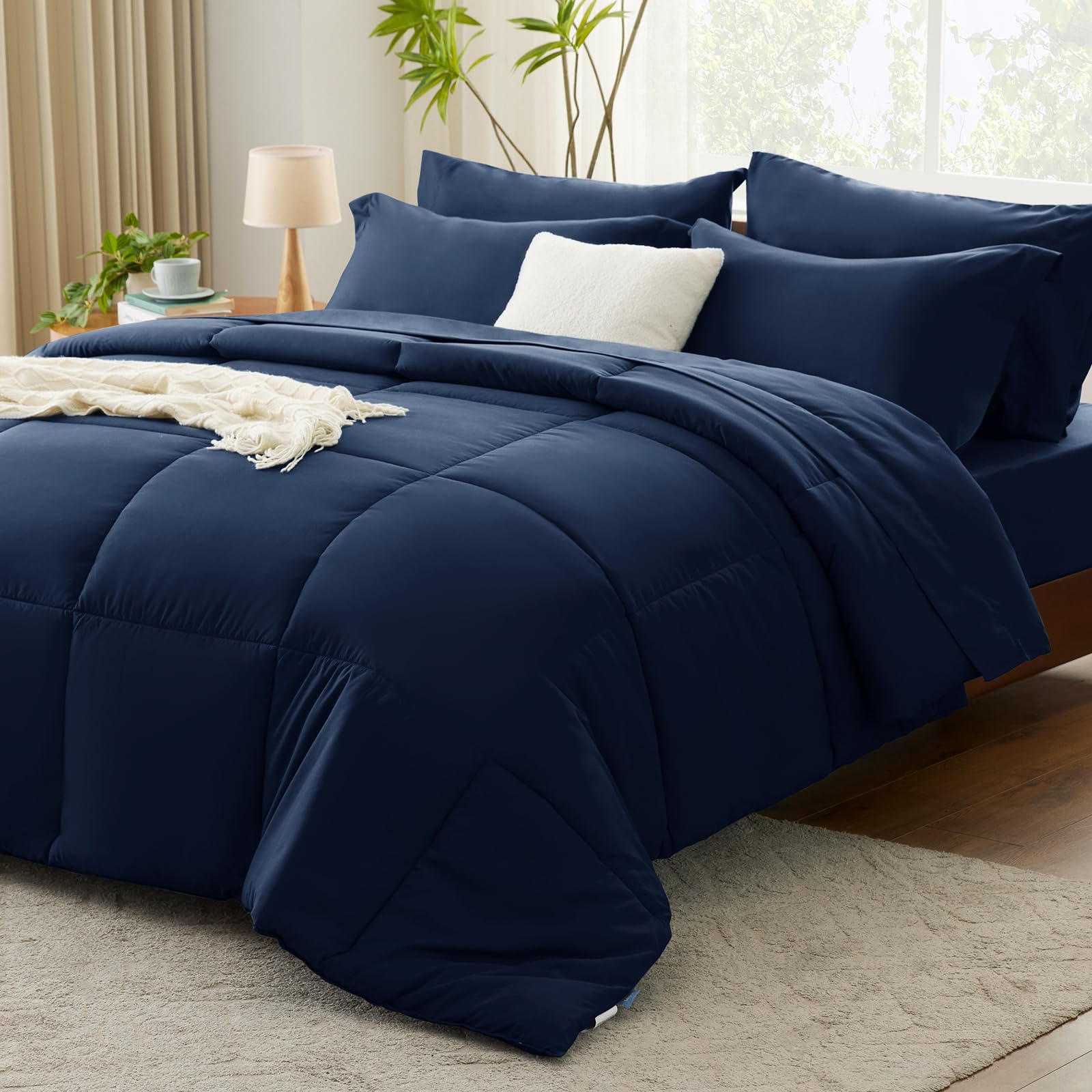 Cozylux Navy Blue Comforter Full Size 7 Pieces Navy Blue Bedding Set Complete Bed In A Bag Bed Set For All Season With Comforter, Flat Sheets, Fitted Sheet, Pillowcases & Shams