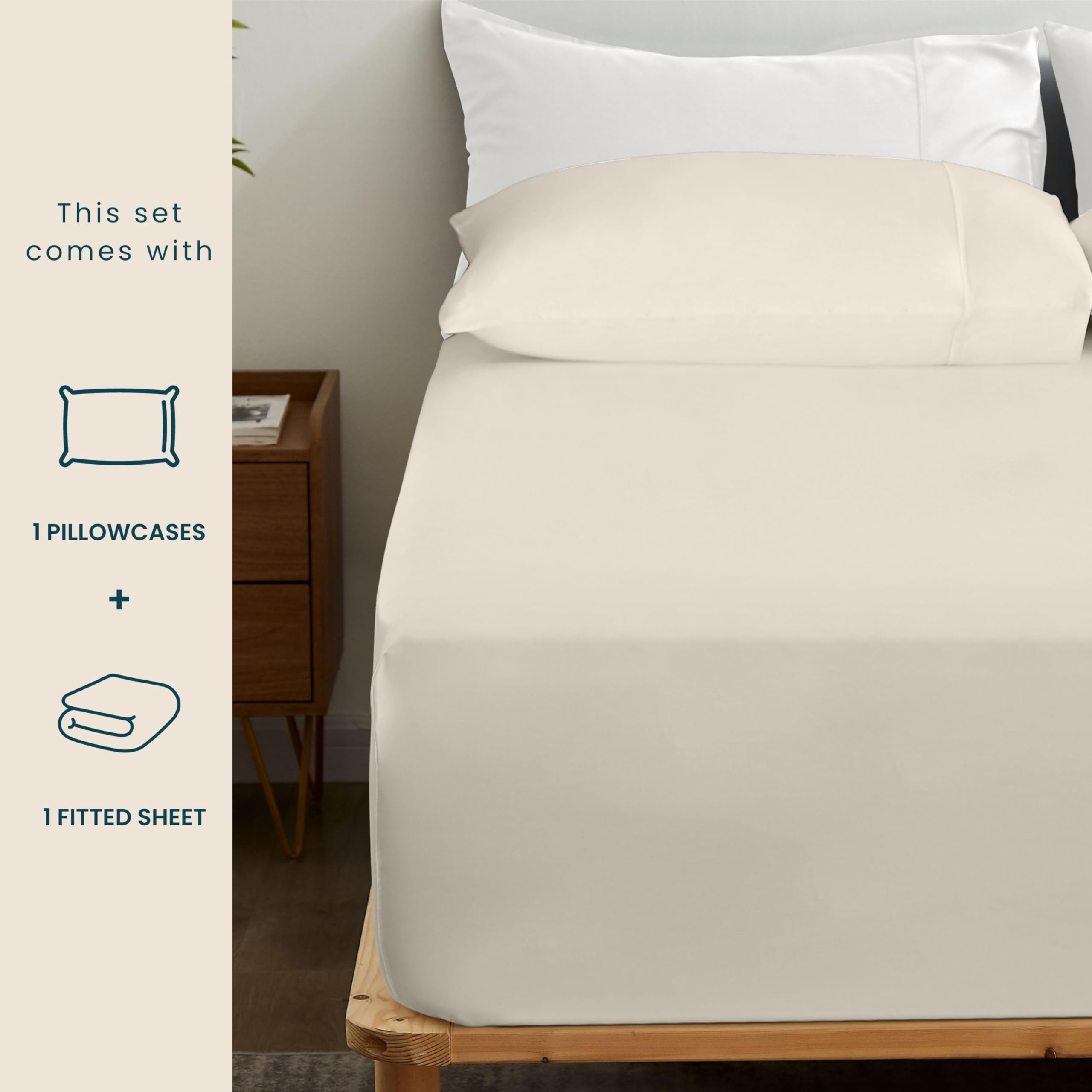 Gokotta Bamboo Rayon Fitted Sheet And Pillow Case, Super Soft Cooling Fitted Sheet With 4 Elastic Corner Straps - 15'' Pocket Fi