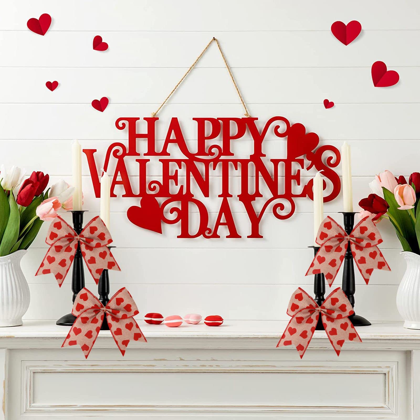 Meseey 12 Pcs 6 Inch Red Heart Printed Burlap Bows Decoration Bow For Valentine'S Day Gift Wrapping Party Holiday Basket Ornamen