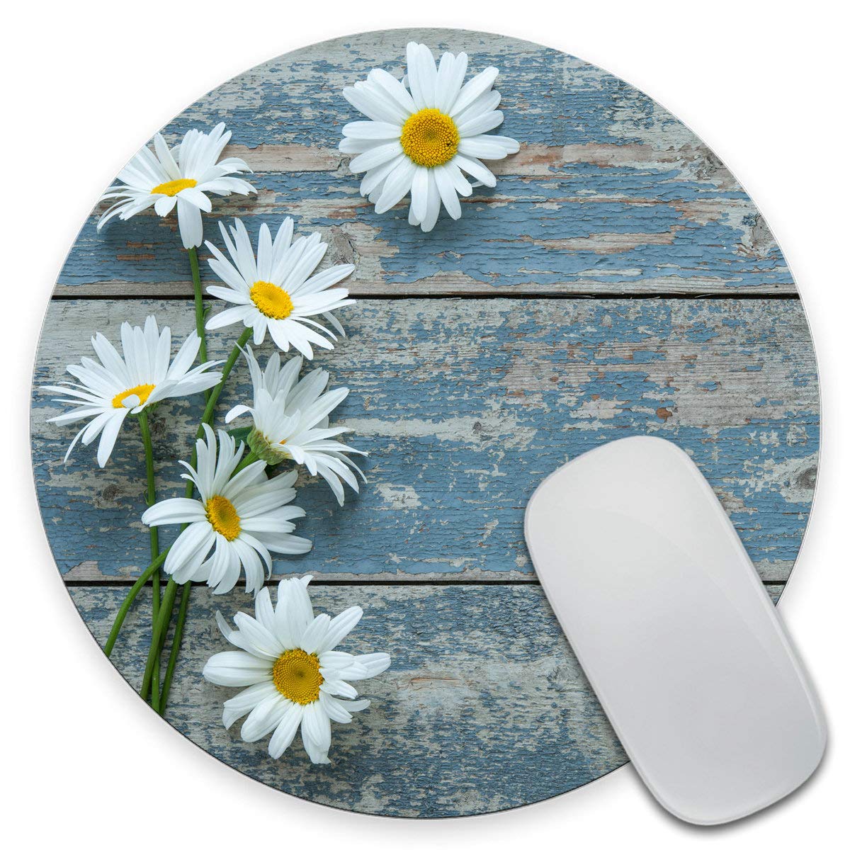 Amcove Custom Mouse Pad Floral Round Mousepad Daisy Flowers On Old Wooden Office Decor For Women Desk Accessories Yellow Flowers